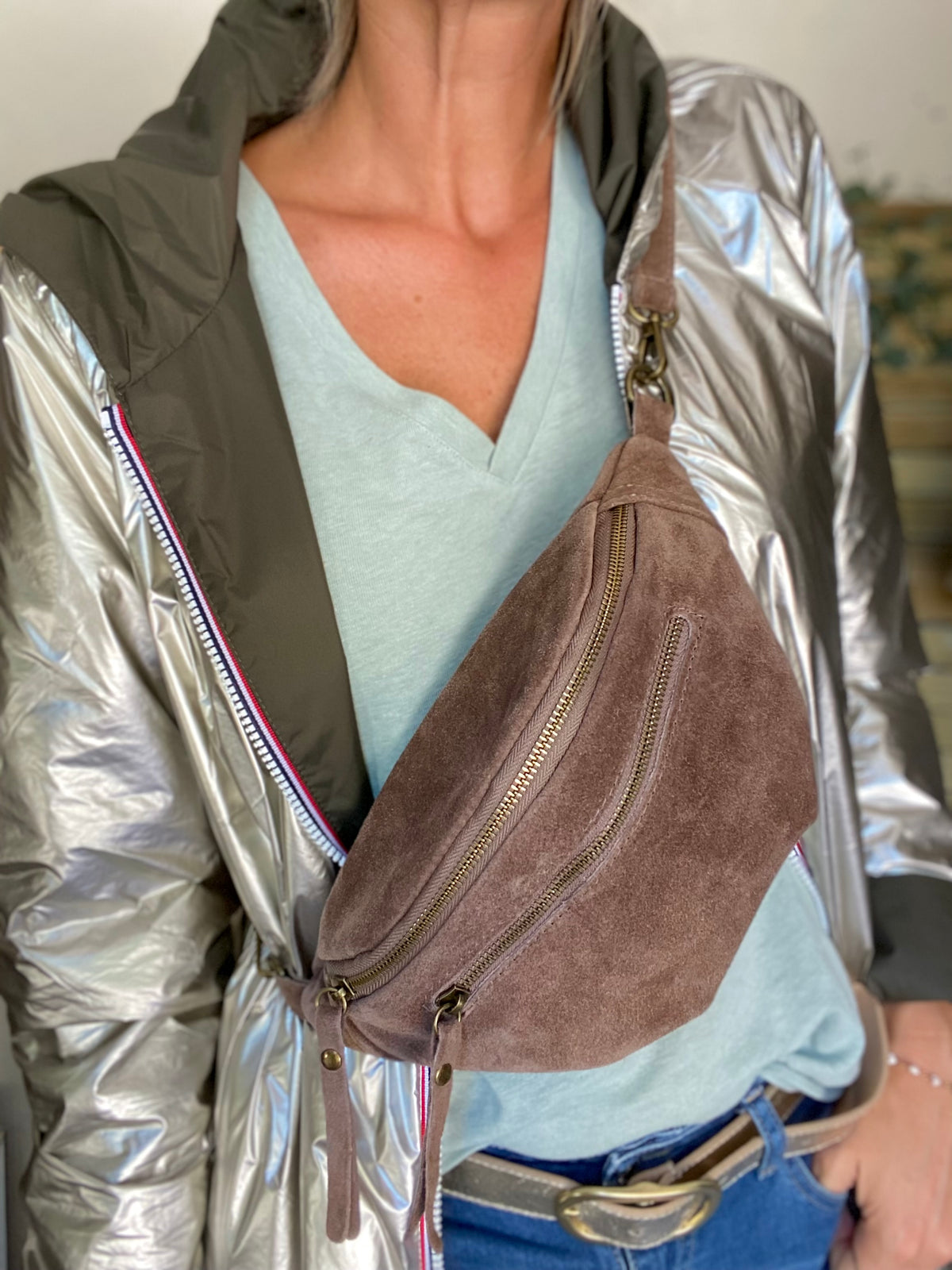 Sac banane double poche en cuir daim - OPALINE - Taupe