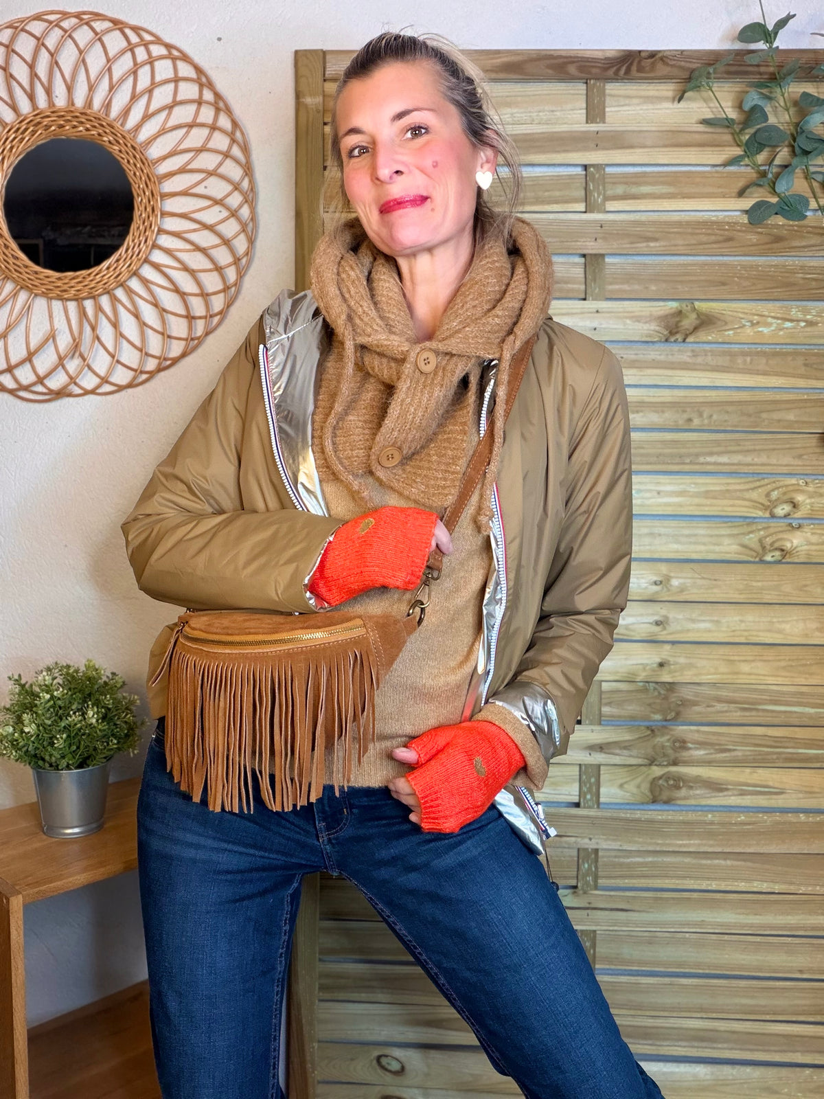 Col cagoule LORIE en maille avec boutons - Camel