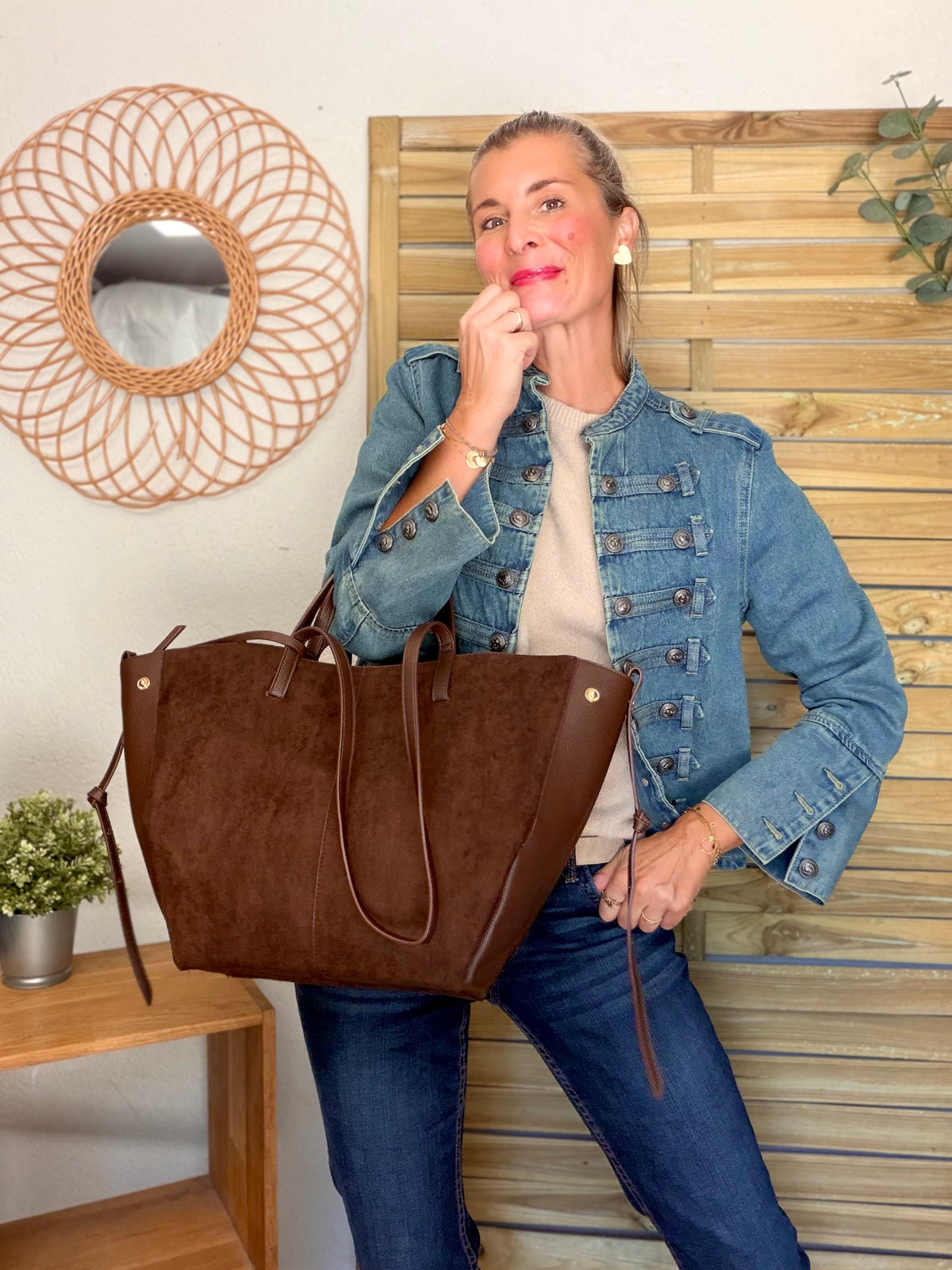 Grand Sac cabas 2 en 1 en simili daim - PAULE Chocolat