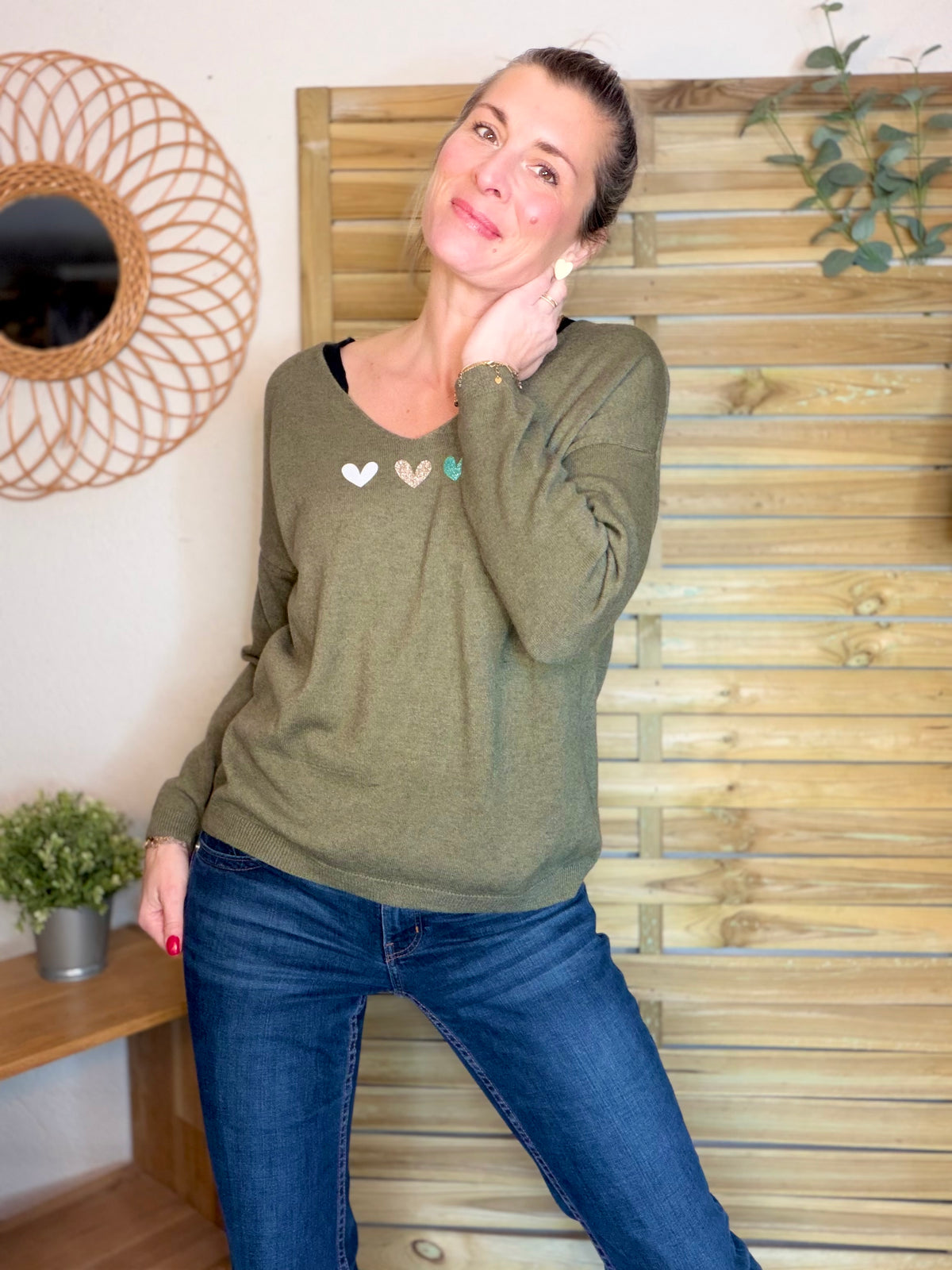 Pull fin 3 cœurs 💛 BERTILLE - Kaki - FIN DE SÉRIE