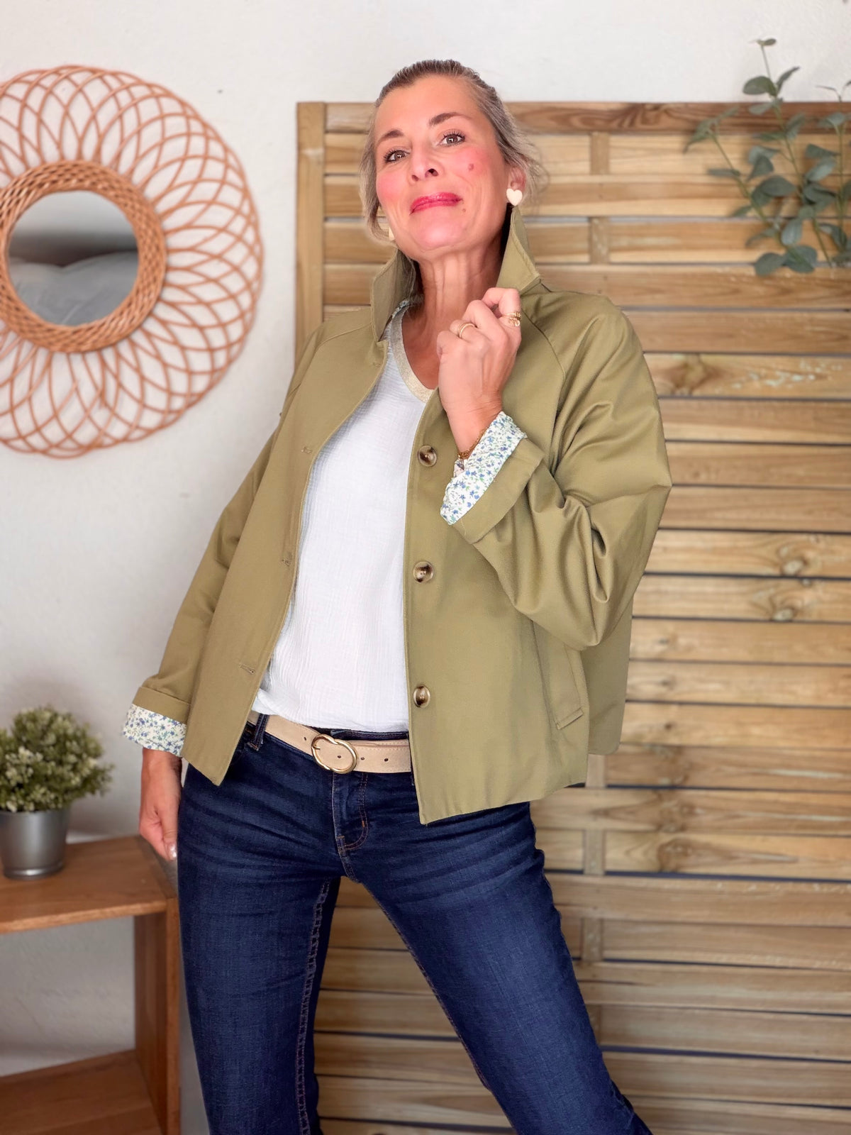 Veste Trench en coton avec Liberty - JOHAN Kaki clair - FIN DE SÉRIE
