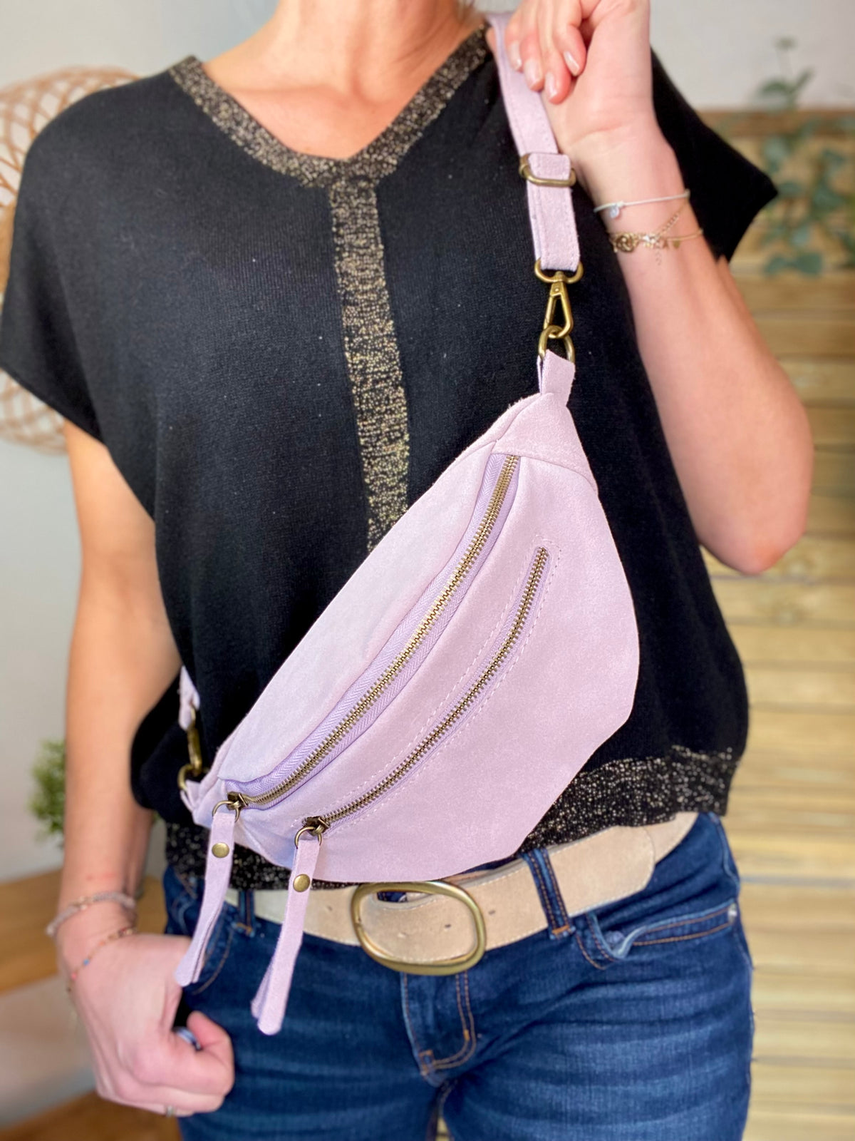 Sac banane double poche en cuir daim - OPALINE - Lilas