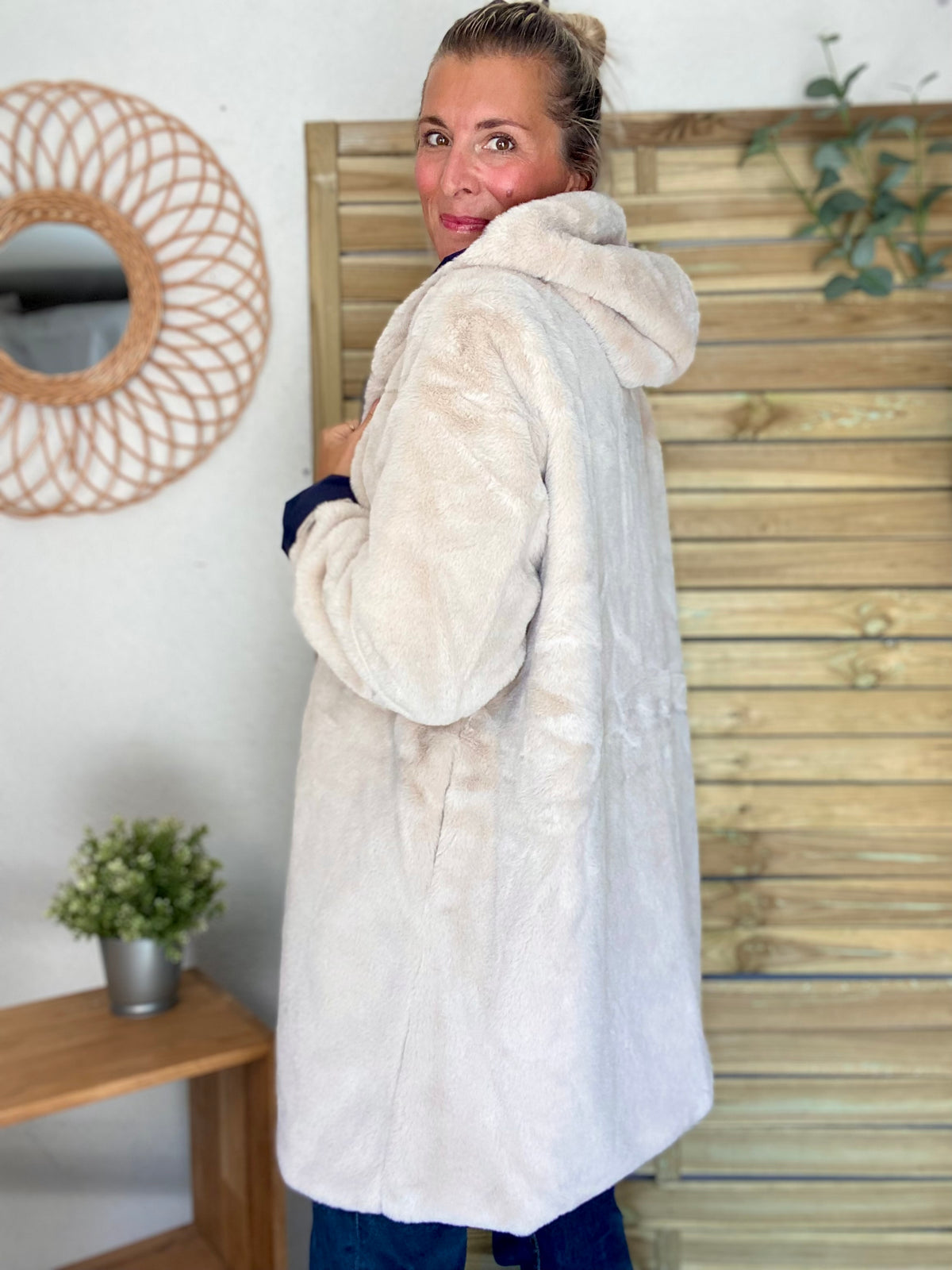 LAURA JO - Parka Imperméable réversible fourrée Bleu marine / Beige ALIX Long