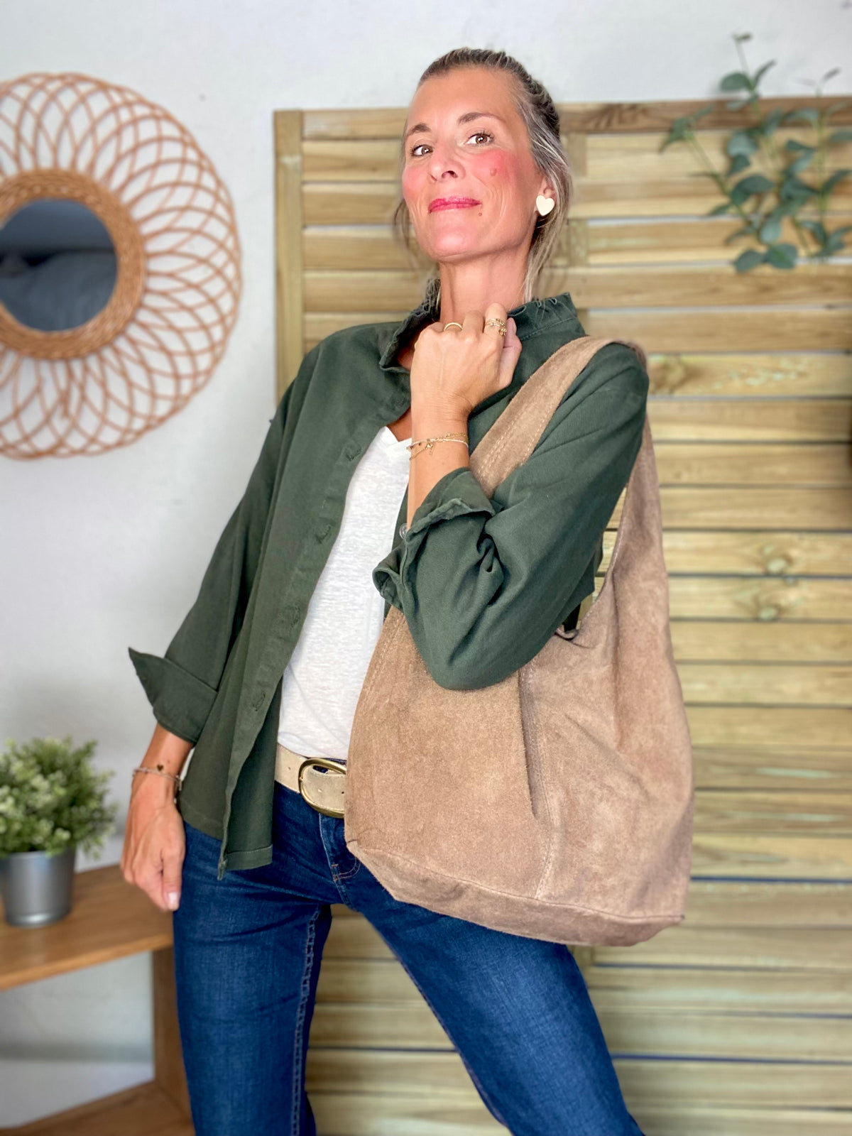 Sac cabas hobo cuir daim MARLON - Beige taupe