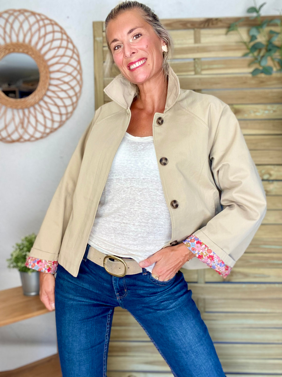 Veste Trench en coton beige avec Liberty - MAHAUT - LILI et LALA