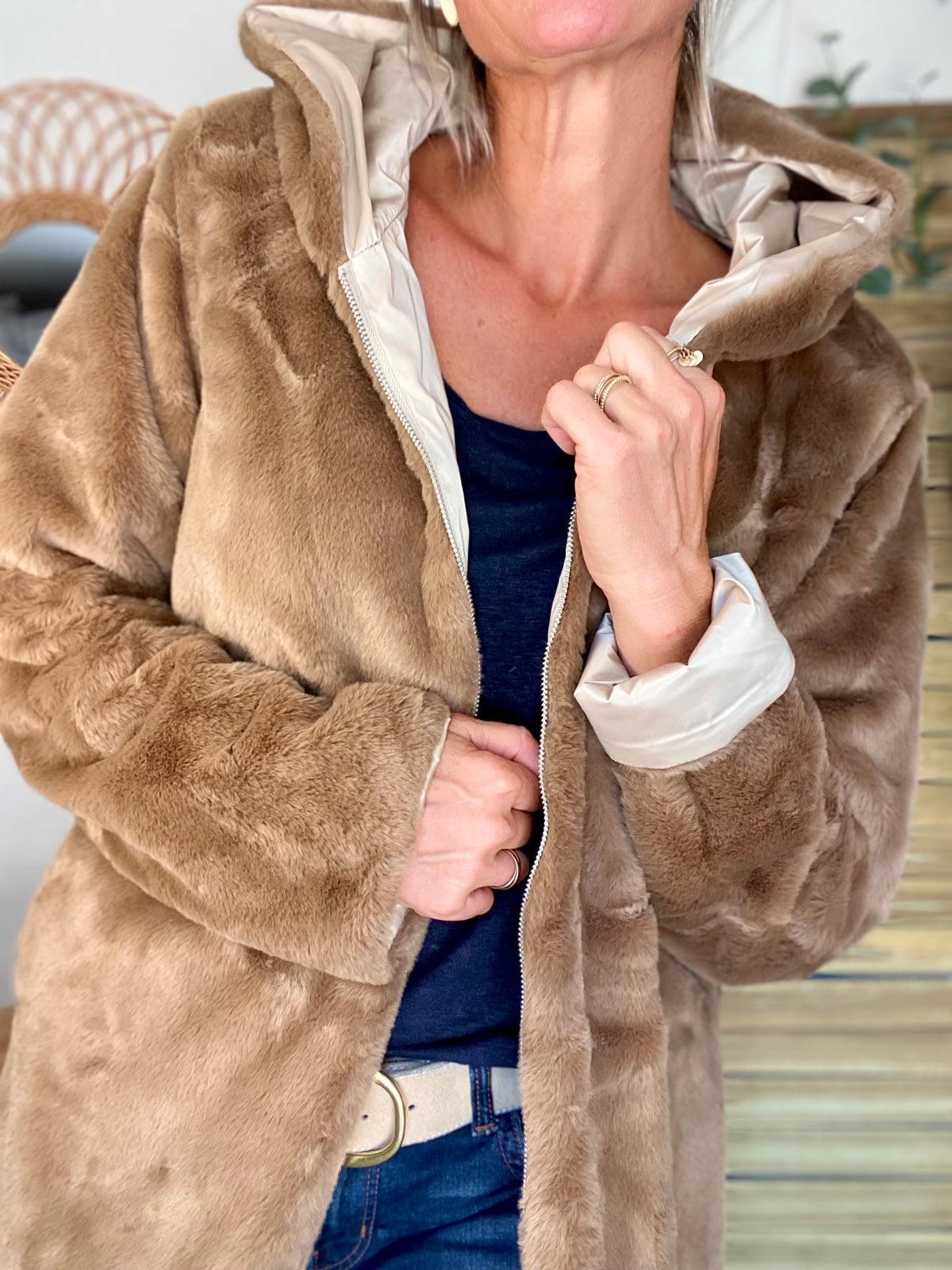 LAURA JO - Parka Imperméable réversible fourrée Sable irisé / Camel ALIX Long