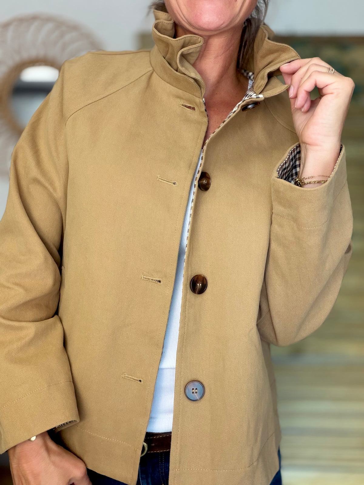 Veste toile coton col victorien avec vichy - GABY