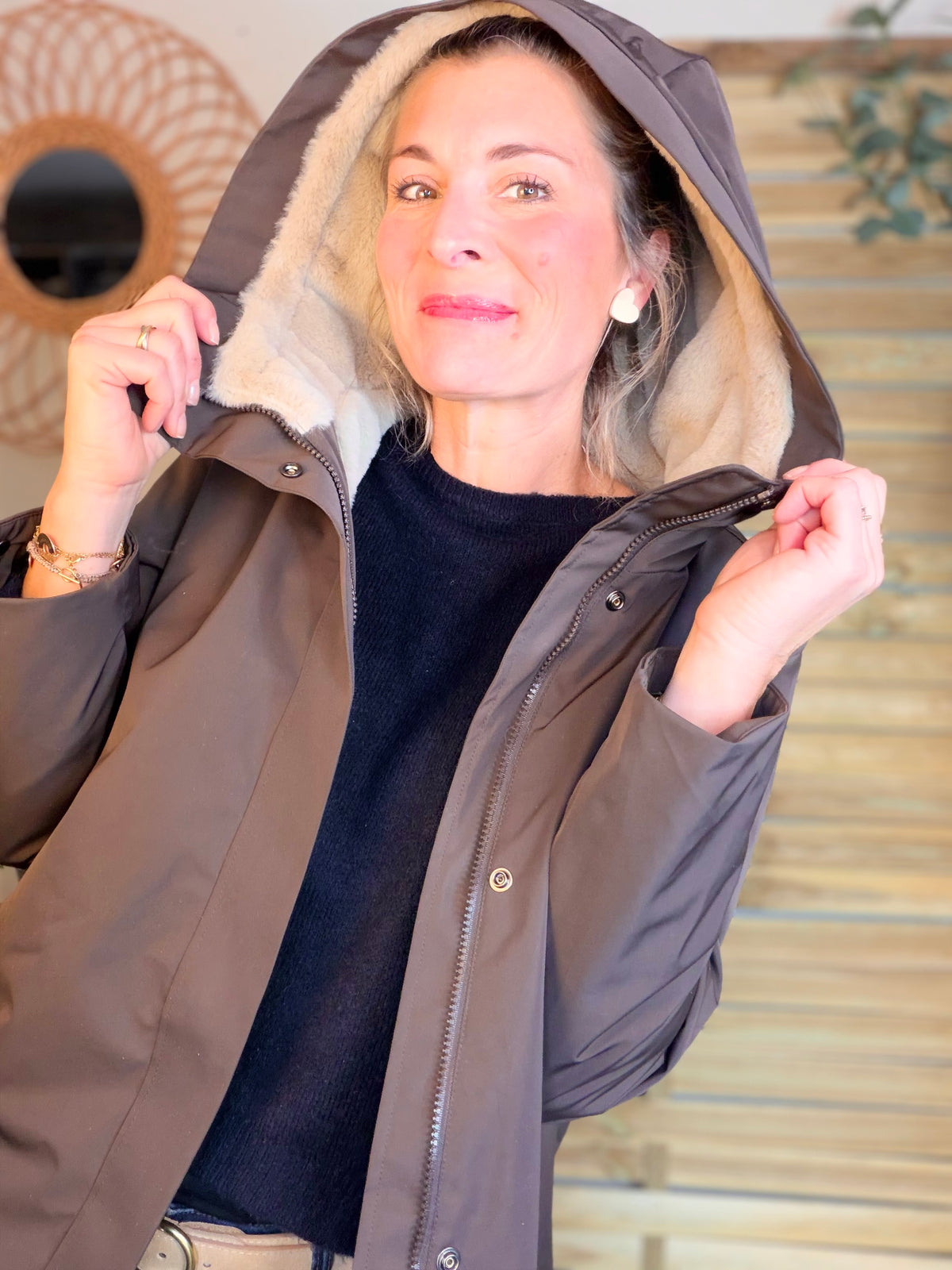 LAURA JO - Parka fourrée imperméable AMBRE LONG - Chocolat / Beige