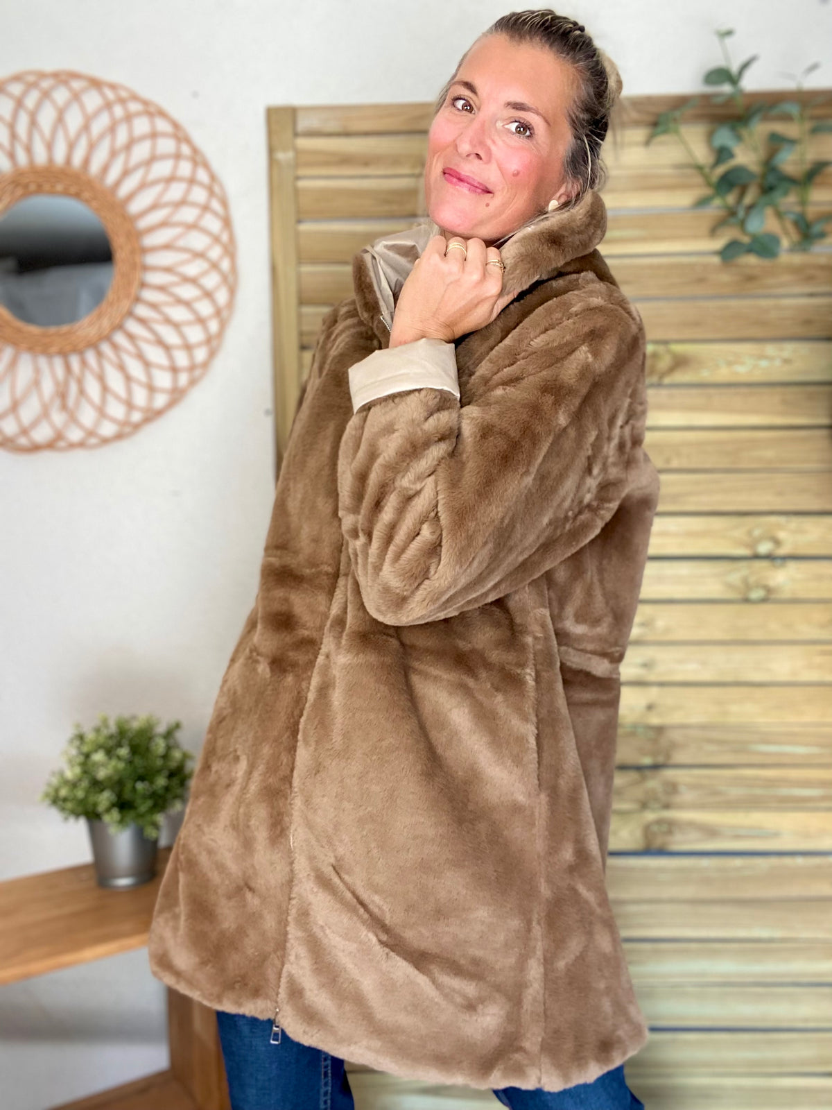 LAURA JO - Parka Imperméable réversible fourrée Sable irisé / Camel ALIX Long