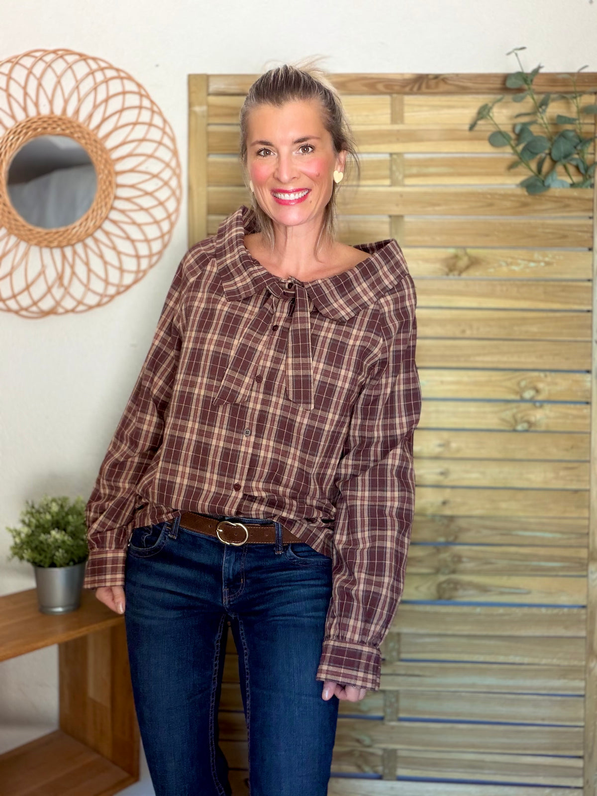 Chemise motif tartan prune col lavallière large LUCILE