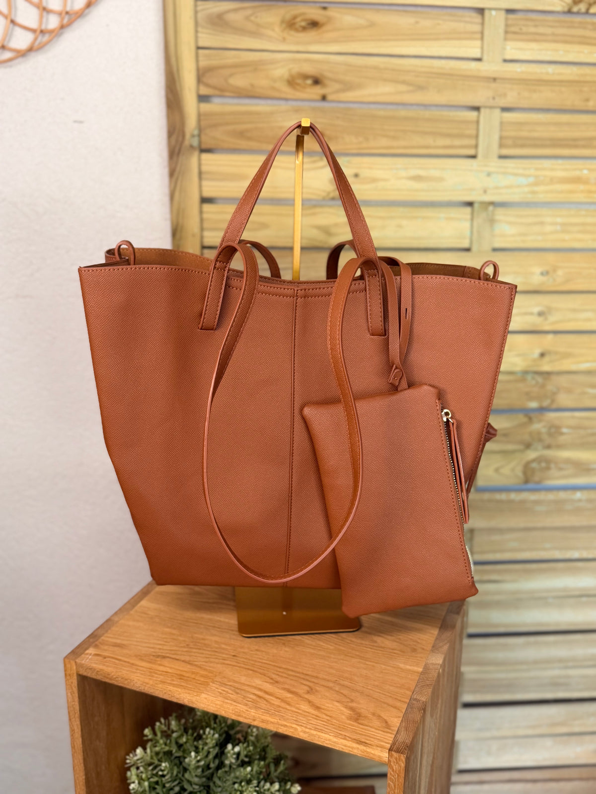Grand Sac cabas 2 en 1 en simili cuir grainé - PAULE Camel grainé
