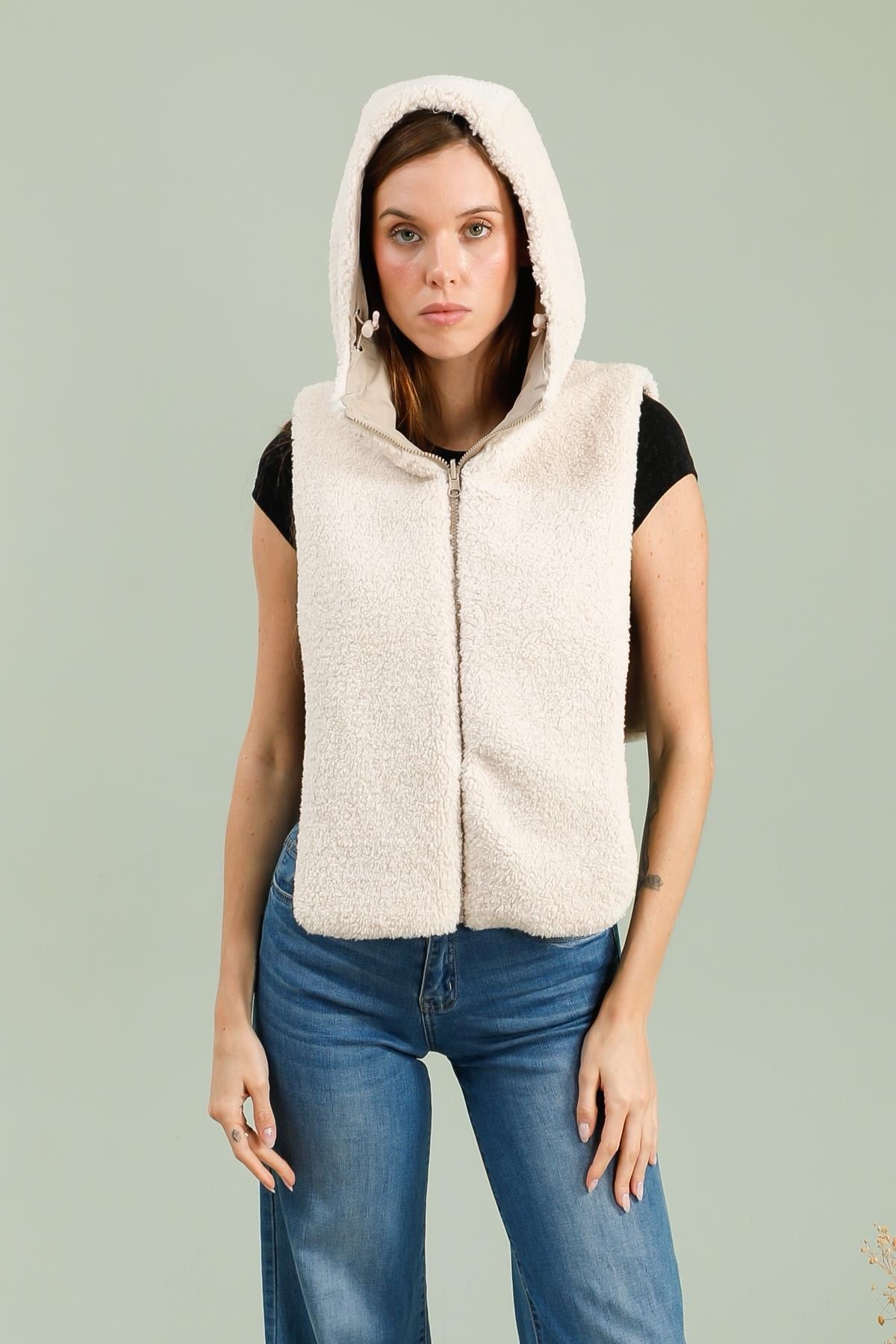LAURA JO - Col capuche amovible réversible TONY - Beige / Sherpa écru