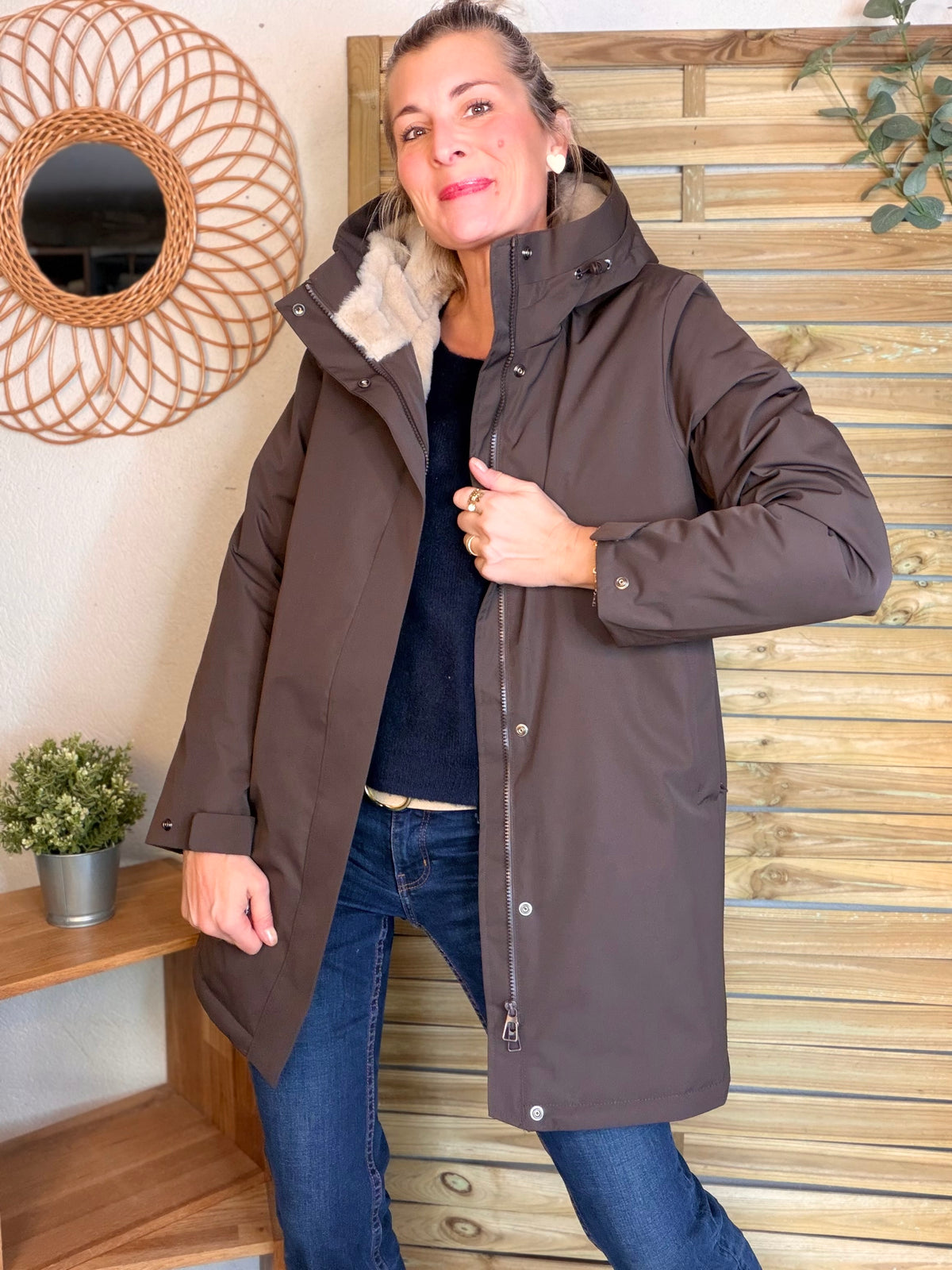 LAURA JO - Parka fourrée imperméable AMBRE LONG - Chocolat / Beige