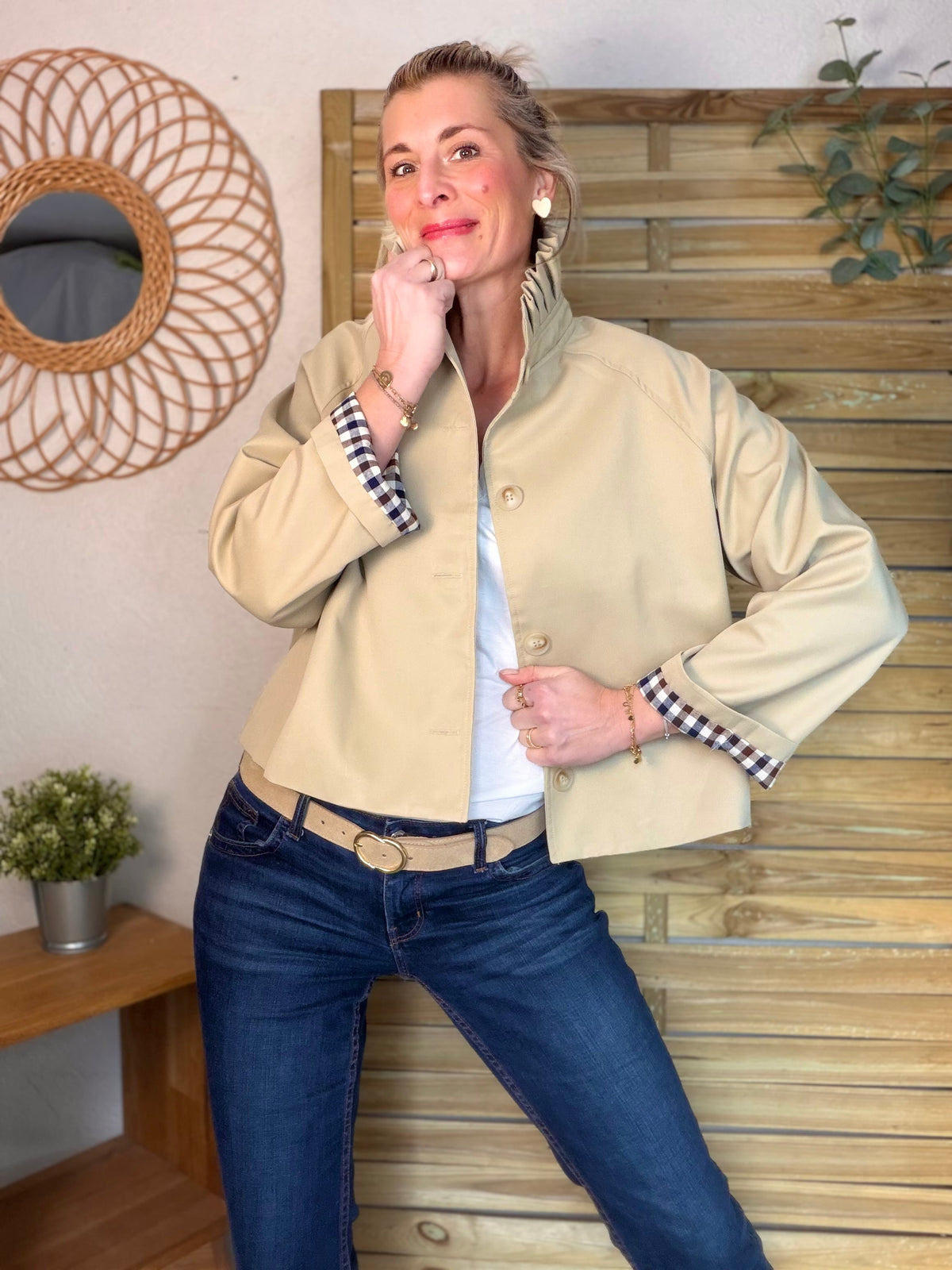 Veste Trench col victorien, revers carreaux - VICKY Beige