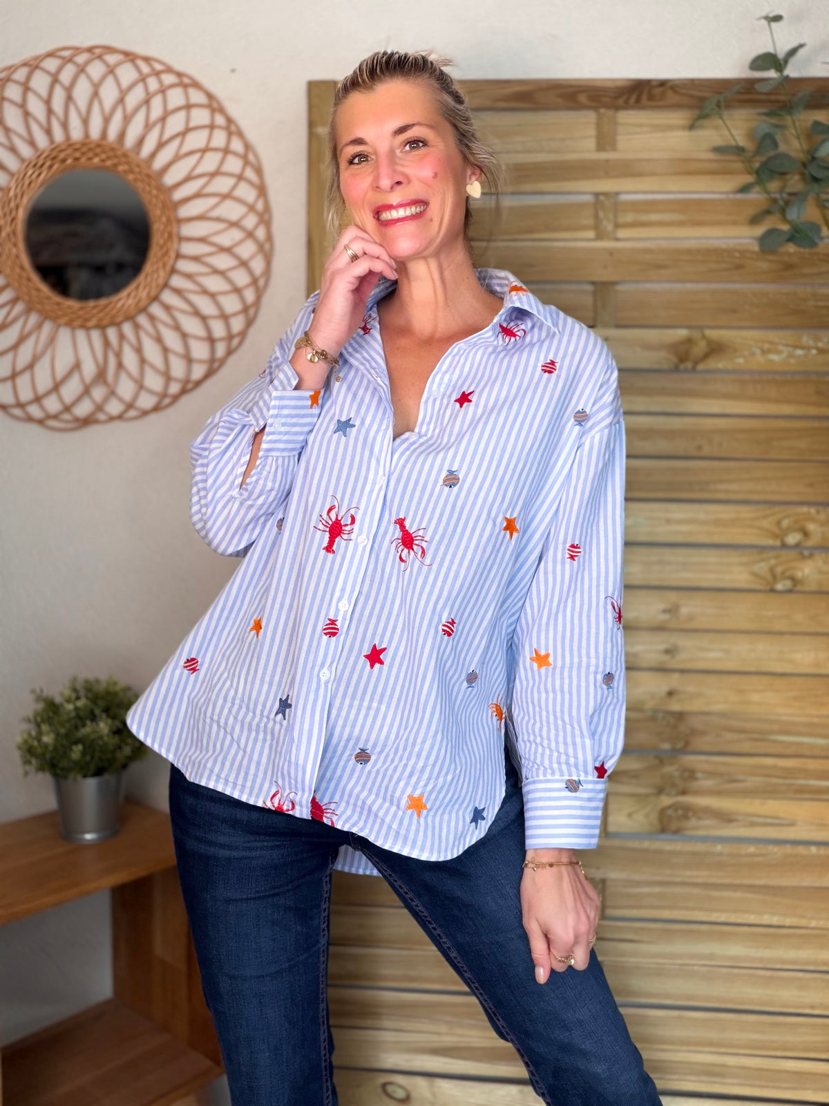 Chemise bleue à rayures coquillages et crustacés - ELORY - FIN DE SÉRIE