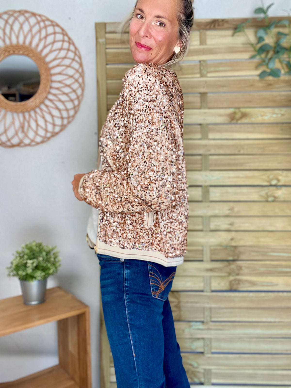 Veste bombers beige avec sequins Rose Gold KIM - FIN DE SÉRIE