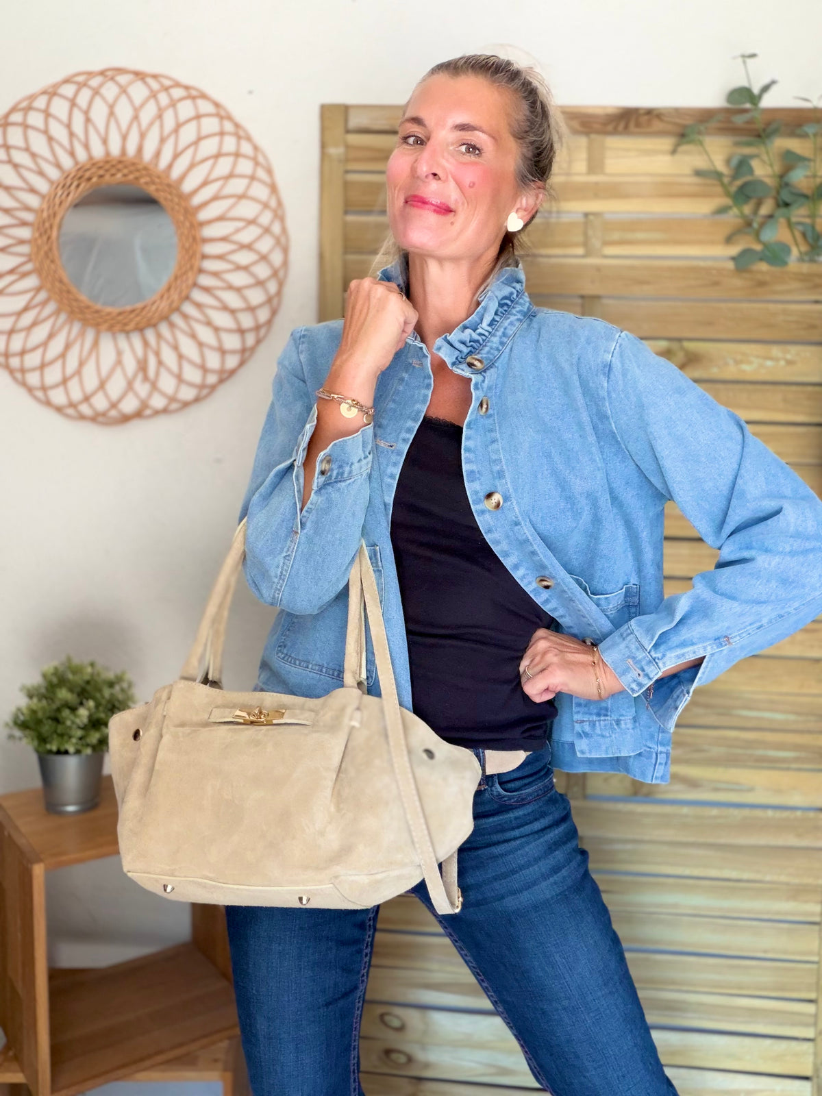 Sac cabas en cuir daim HANA - Beige