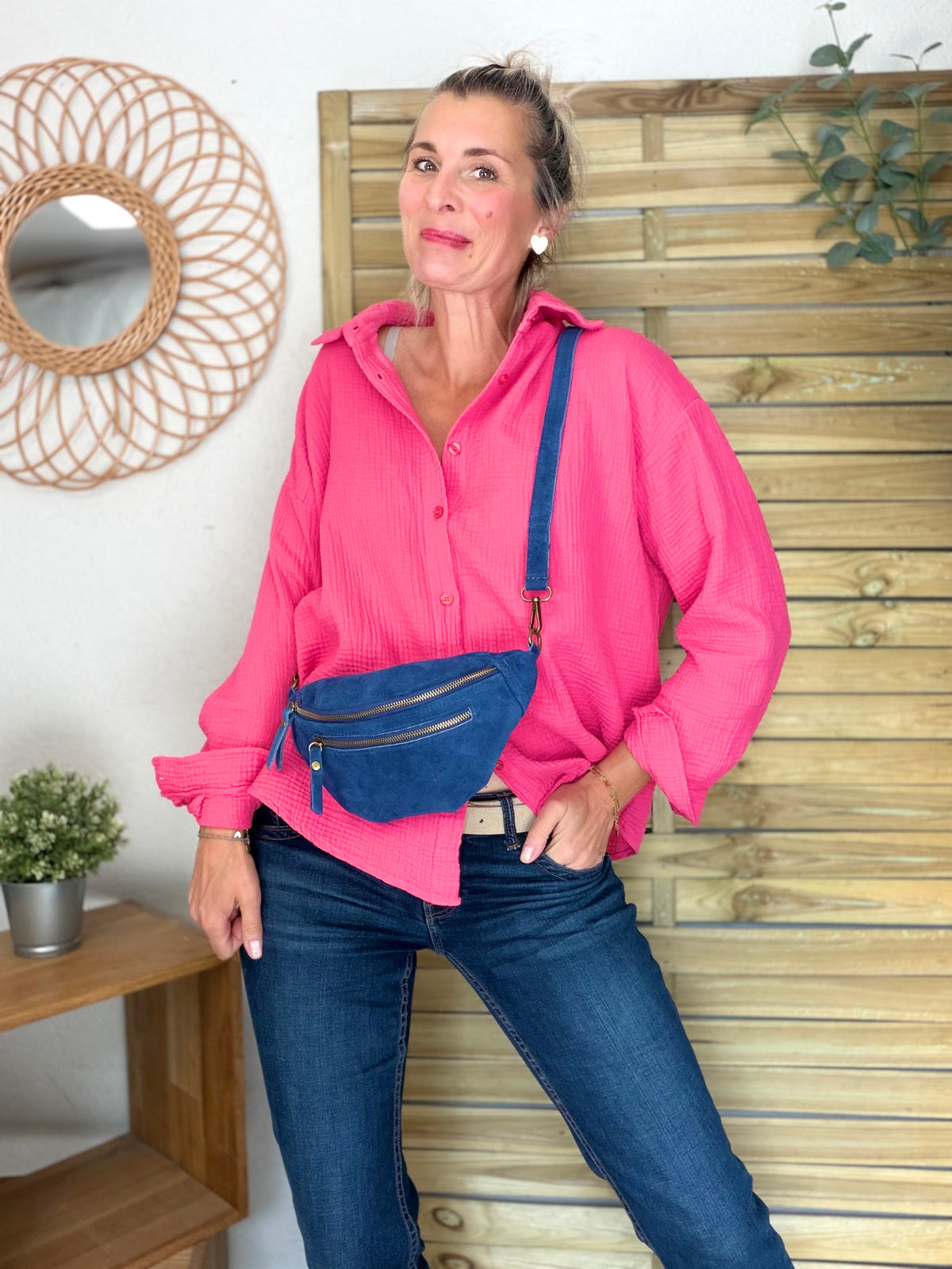Sac banane double poche en cuir daim - OPALINE - Bleu jean