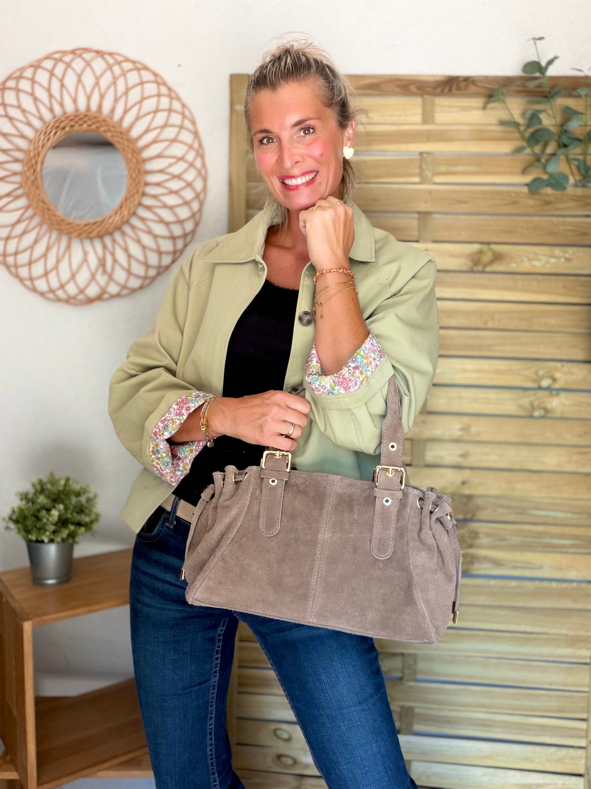 Sac à main en cuir daim GERY - Taupe