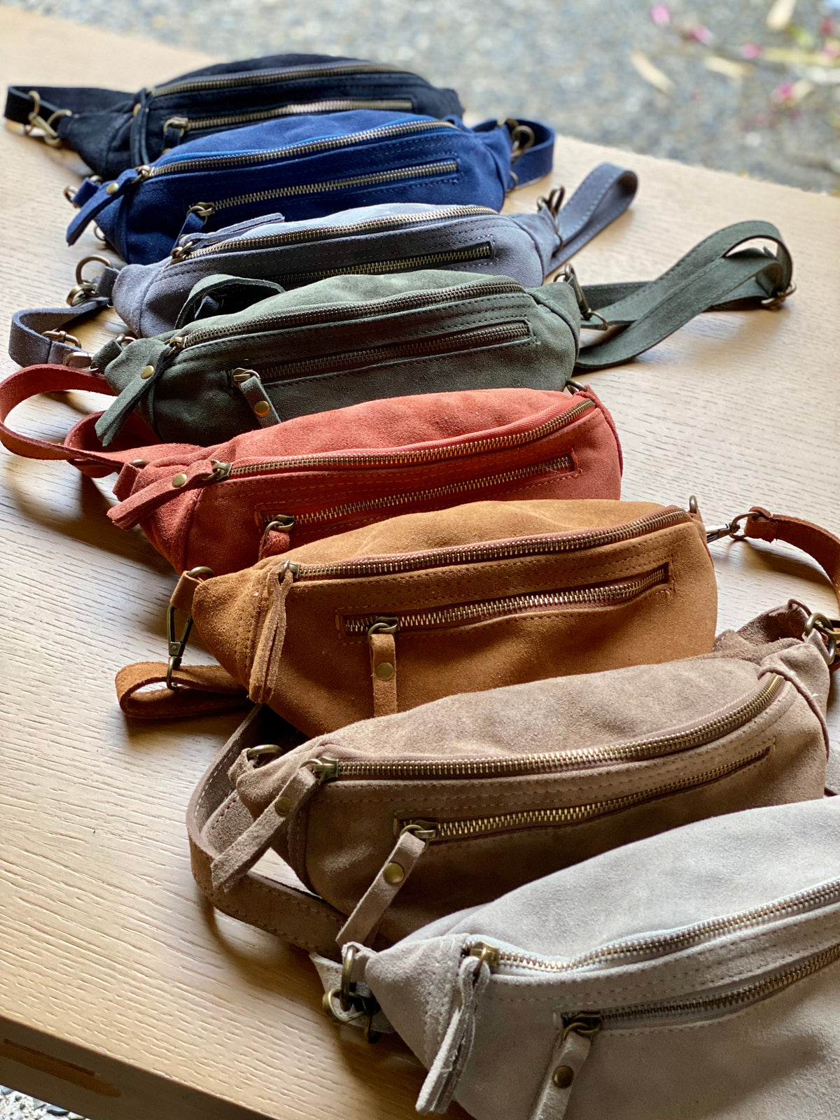Sac banane double poche en cuir daim - OPALINE - Kaki foncé