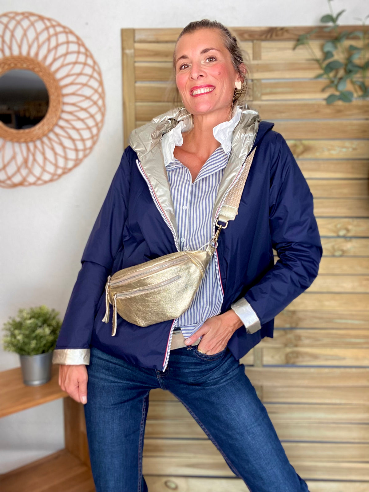 Sac banane en cuir irisé double poche - OPALE - Doré / argent