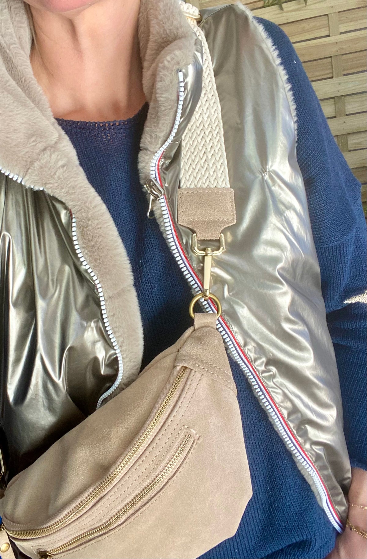 Sac banane double poche en cuir daim - OPALINE - Beige