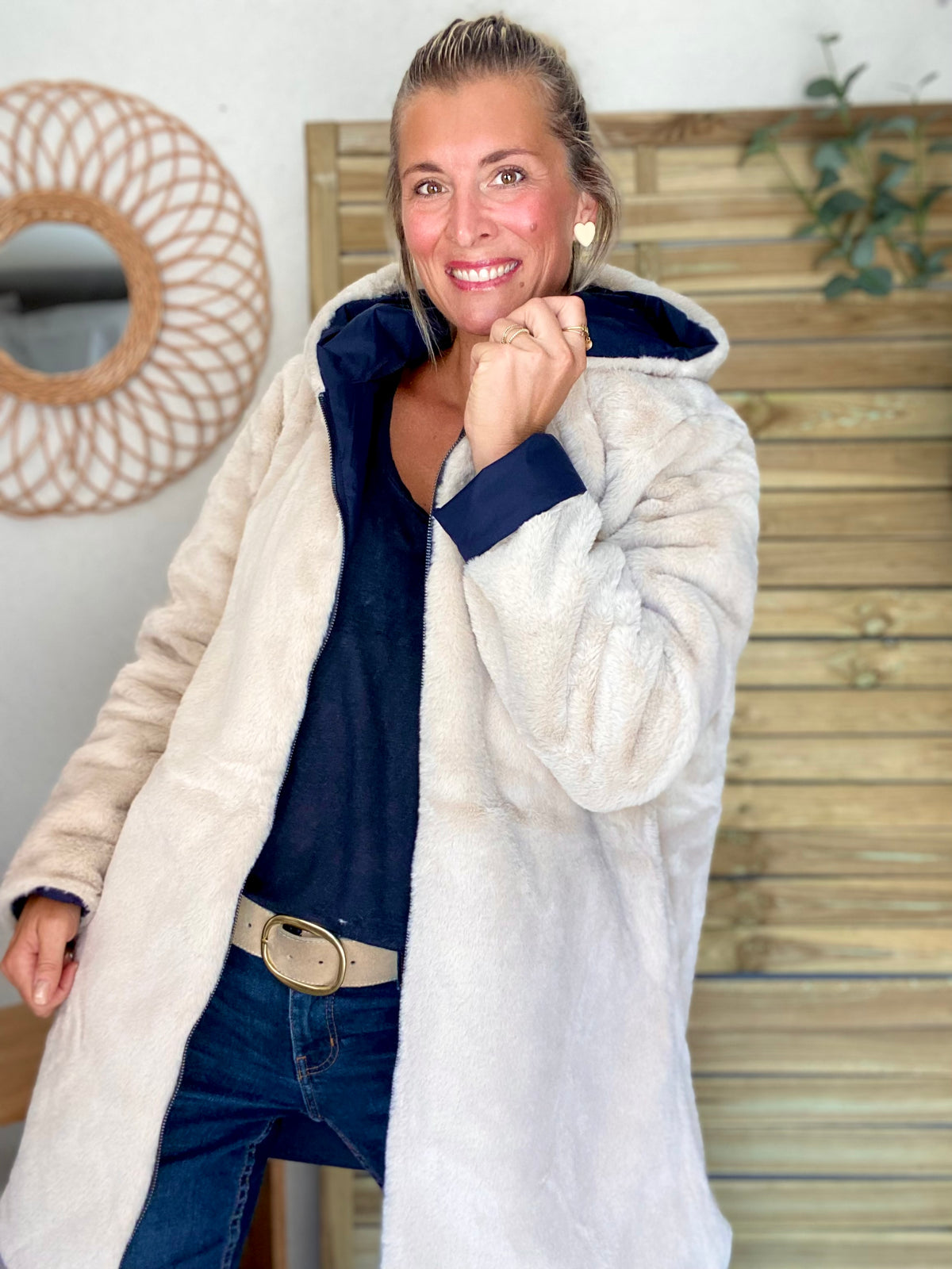 LAURA JO - Parka Imperméable réversible fourrée Bleu marine / Beige ALIX Long