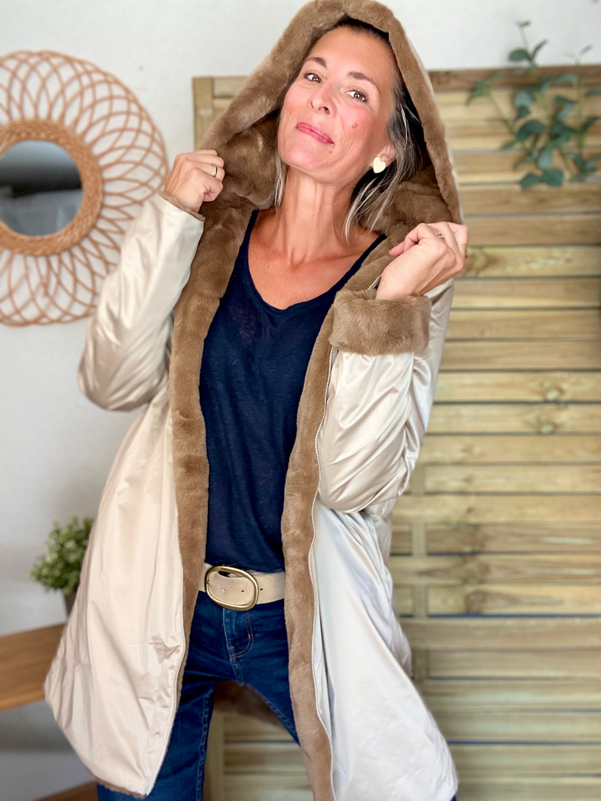 LAURA JO - Parka Imperméable réversible fourrée Sable irisé / Camel ALIX Long