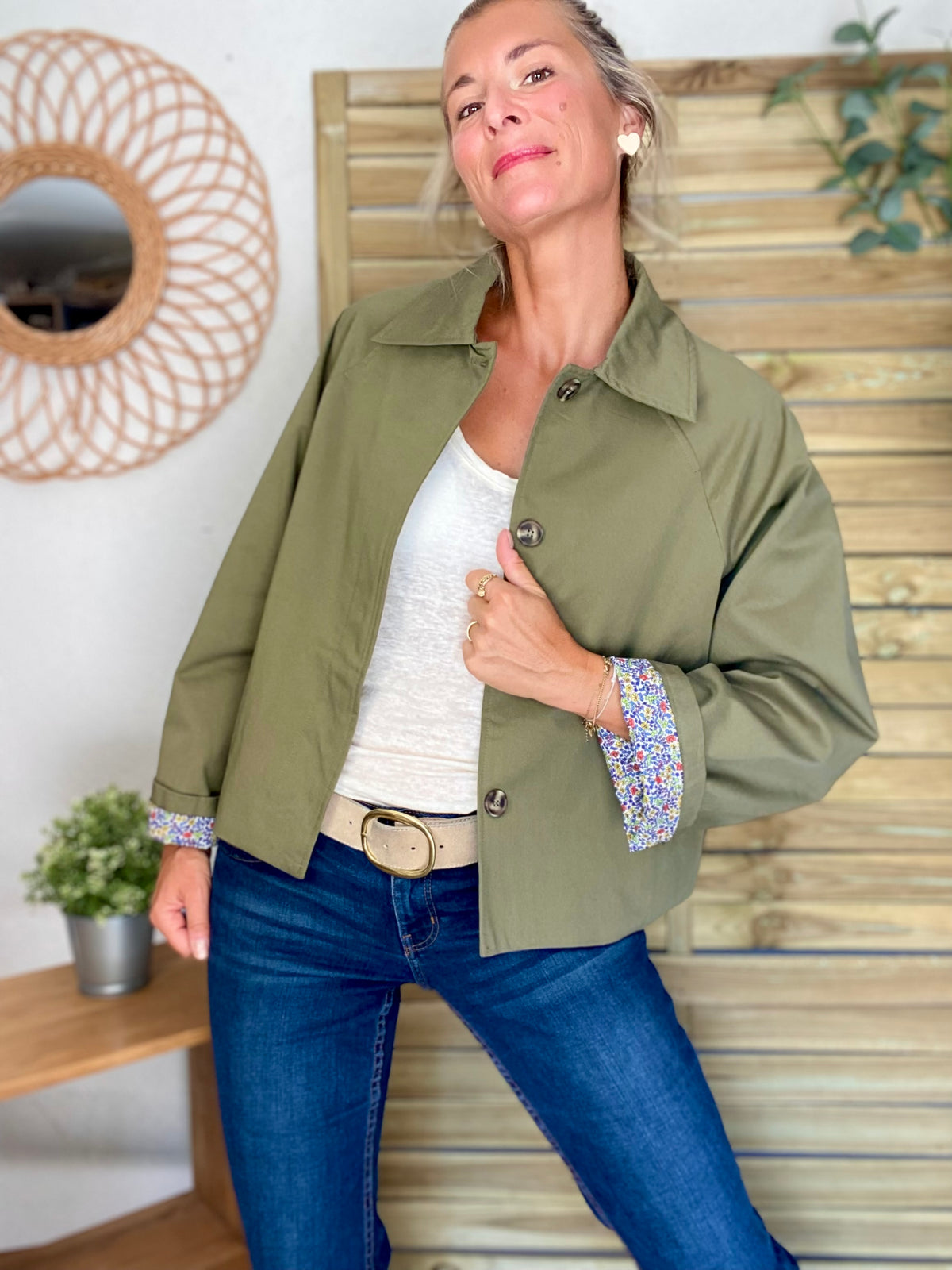 Veste Trench en coton kaki avec Liberty - MAHAUT - LILI et LALA