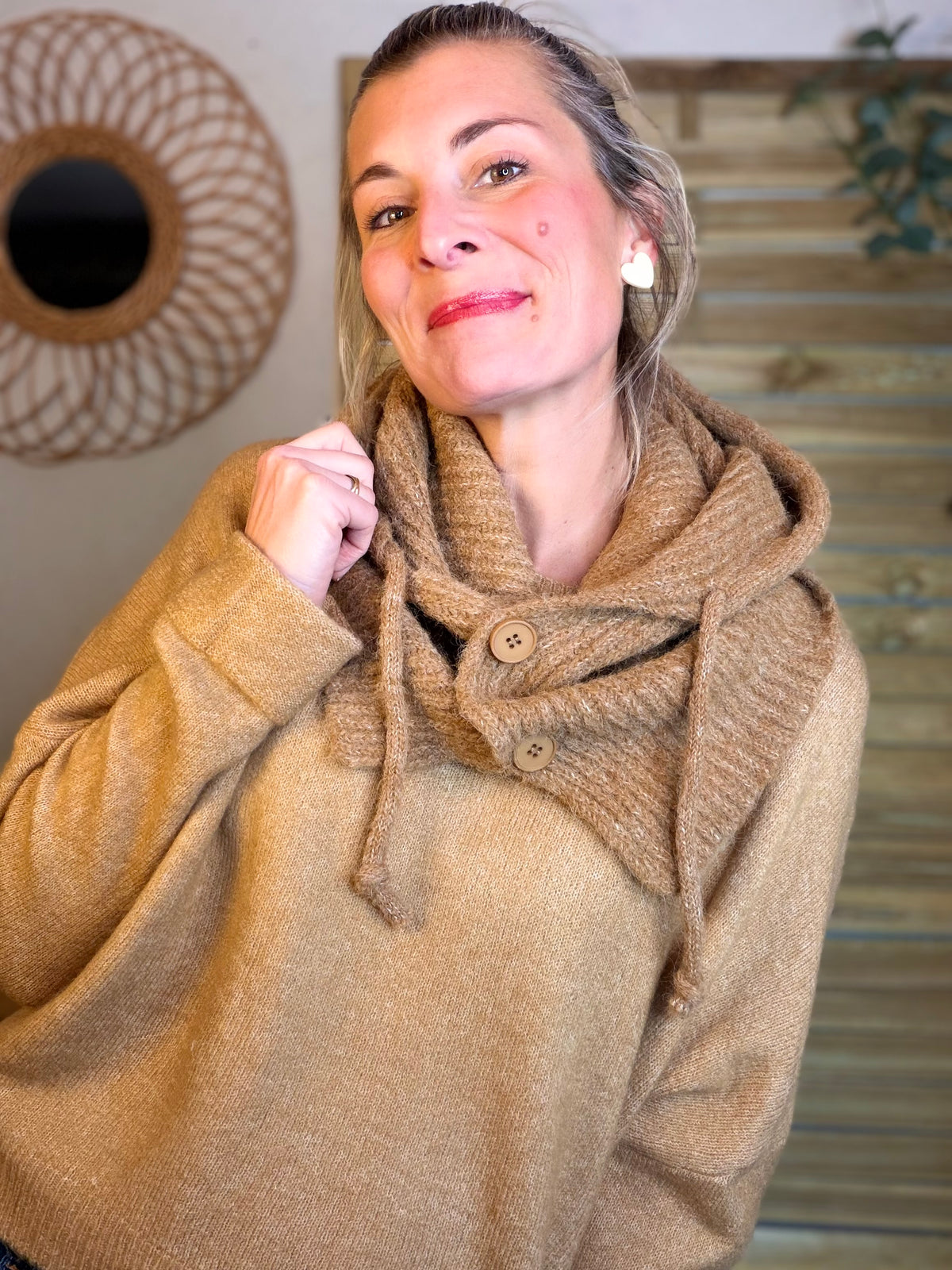 Col cagoule LORIE en maille avec boutons - Camel