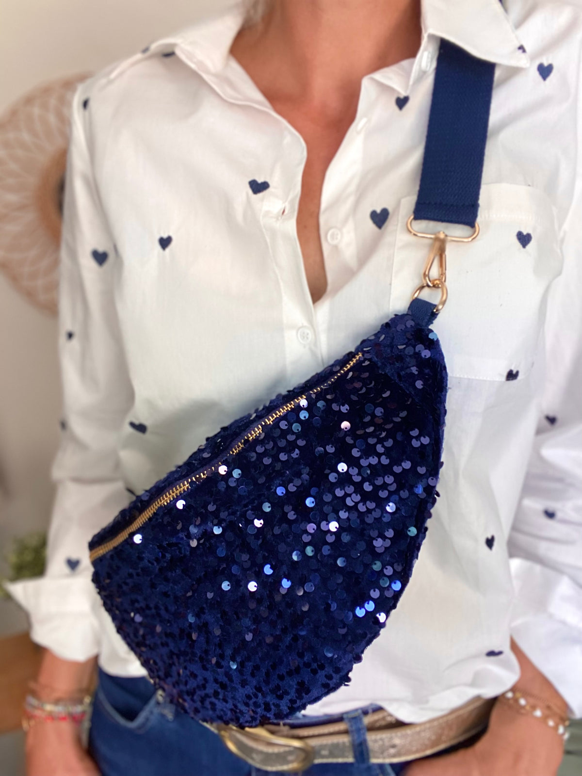 Sac banane L velours à sequins Ciao Boum - TAYLOR - Bleu marine