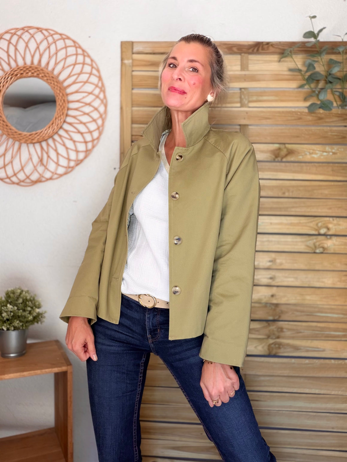 Veste Trench en coton avec Liberty - JOHAN Kaki clair - FIN DE SÉRIE
