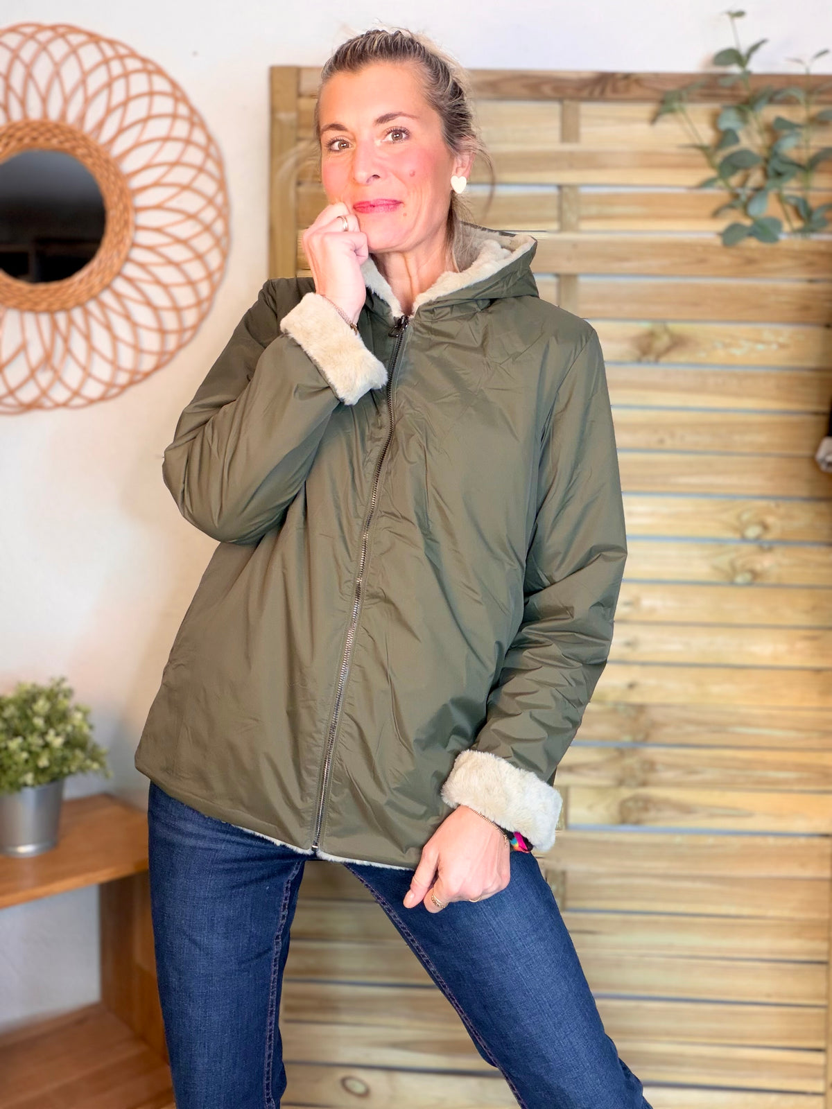 LAURA JO - Parka Imperméable réversible fourrée Kaki / Beige ALIX Court