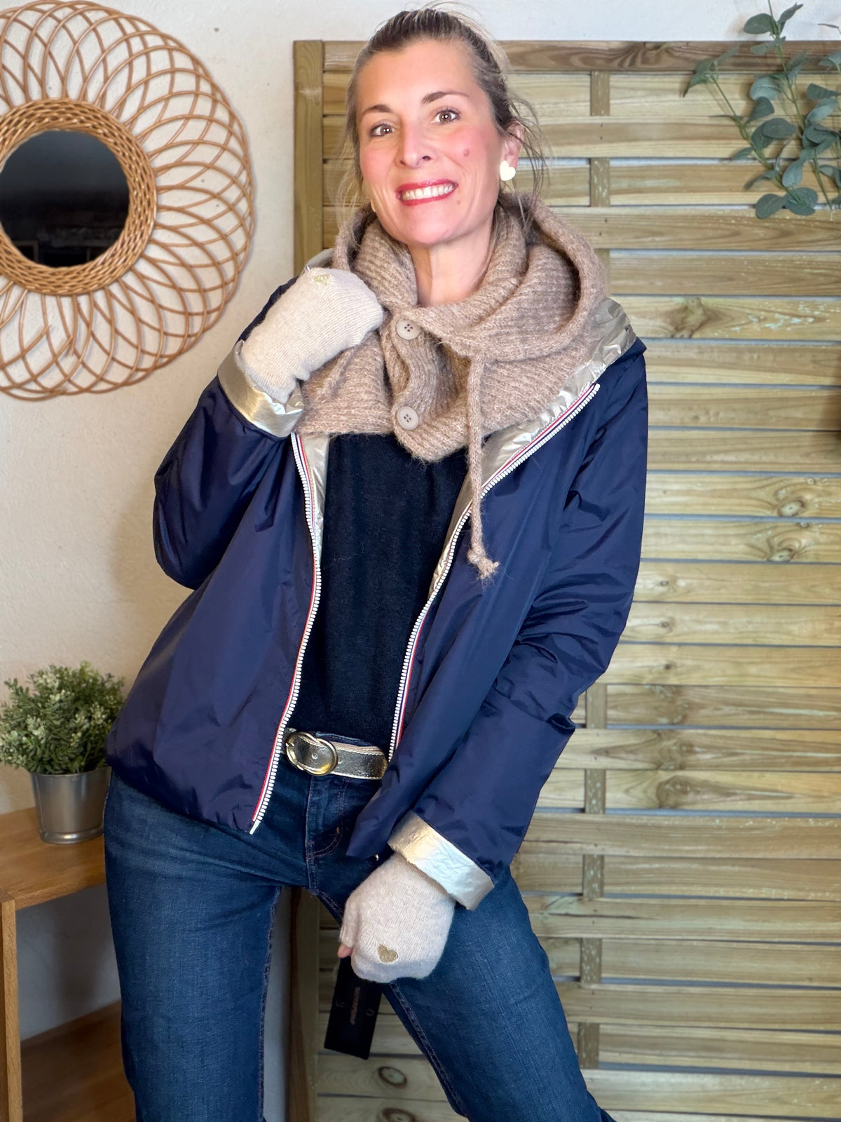 Col cagoule LORIE en maille avec boutons - Taupe