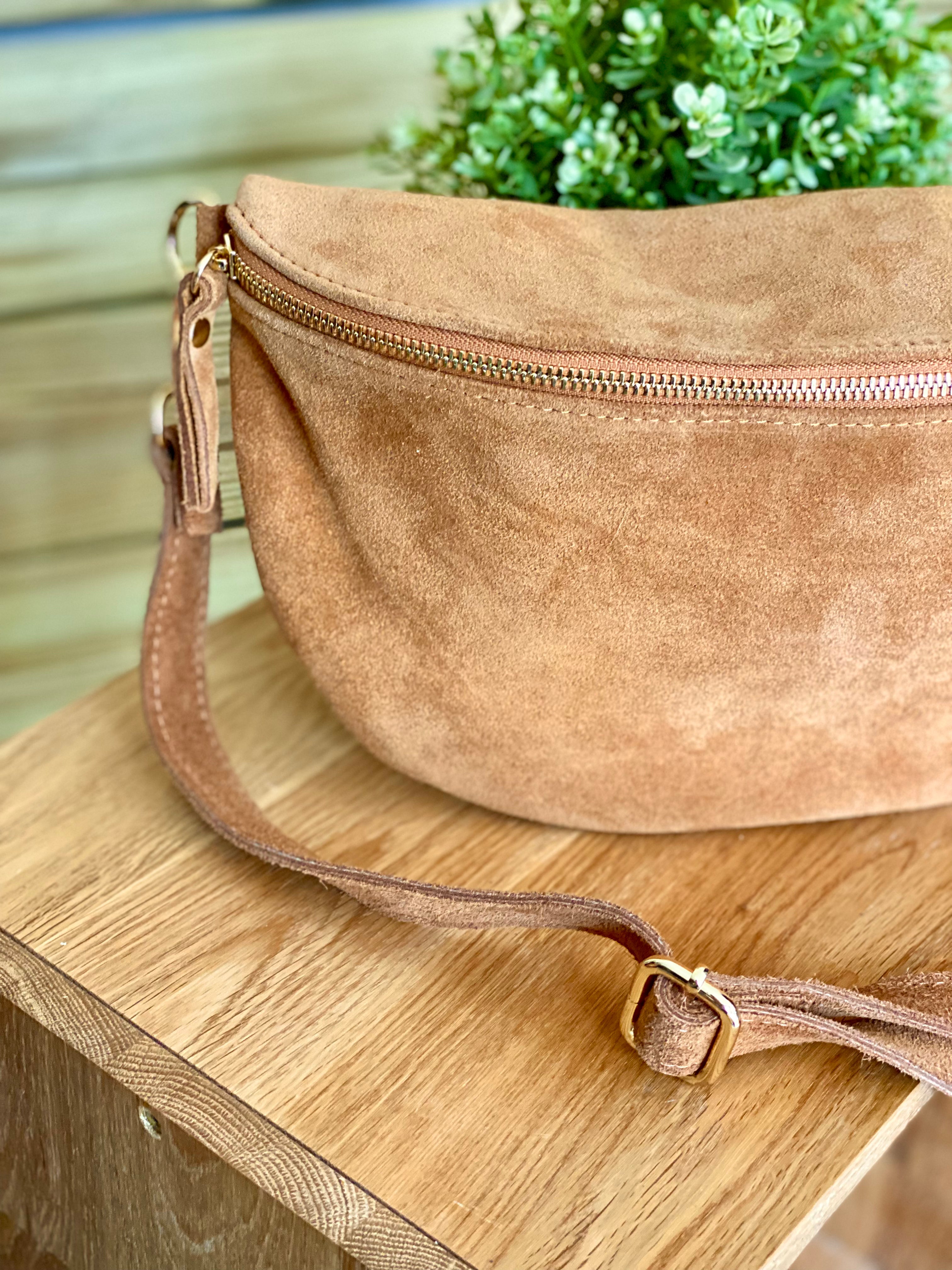 Sac banane XL en cuir velours 30cm JUDY - Camel