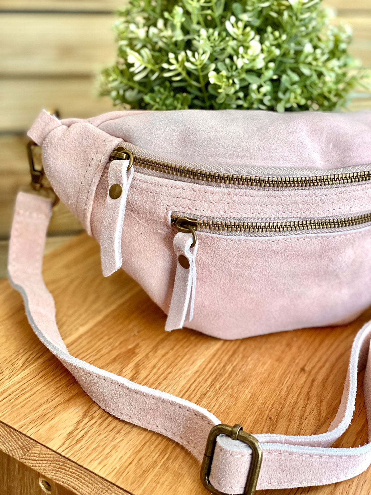 Sac banane double poche en cuir daim - OPALINE - Rose clair / Vieux rose