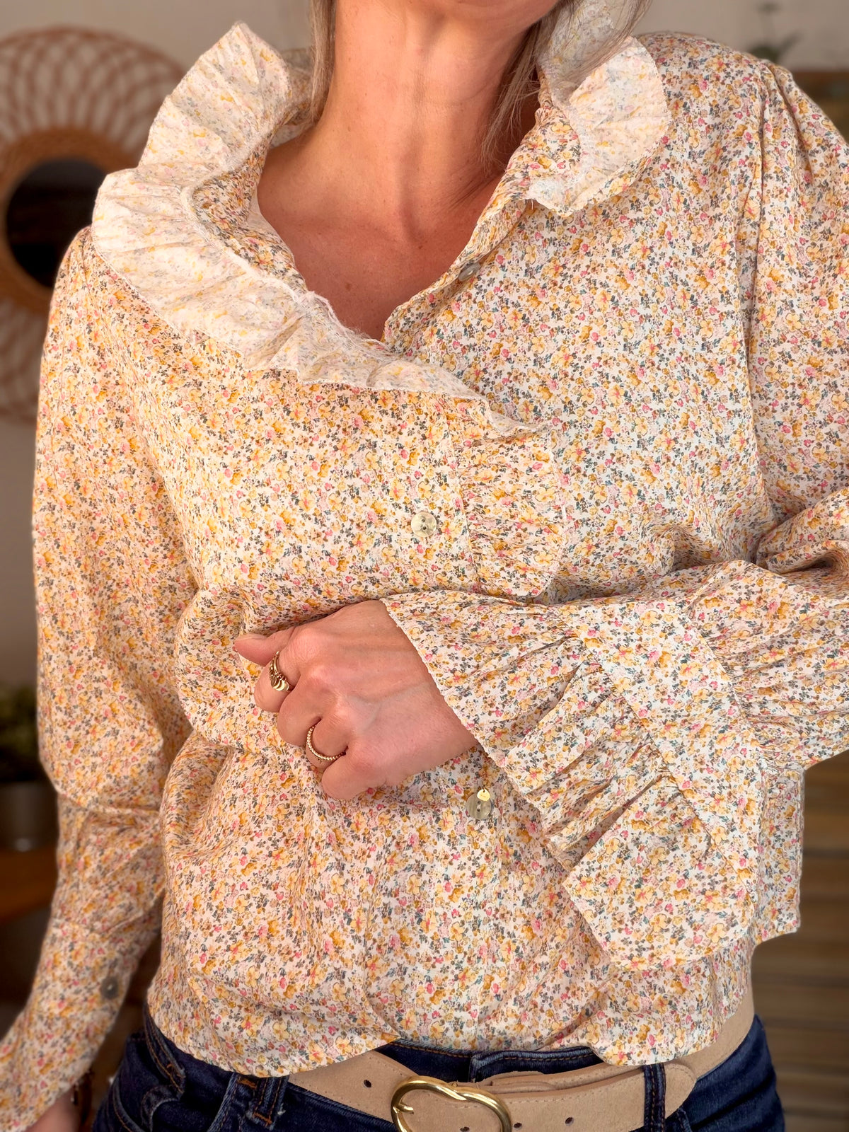 Chemise imprimée Liberty col volanté HÉLOÏSE - Jaune - FIN DE SÉRIE