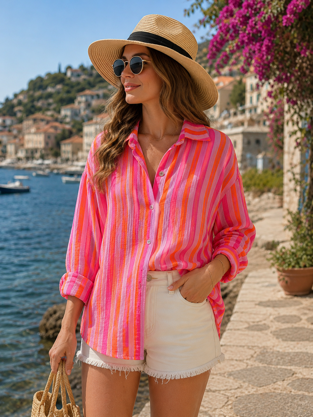 Chemise en gaze de coton rayée FÉLICIE Fluo Parme - DÉSTOCKAGE