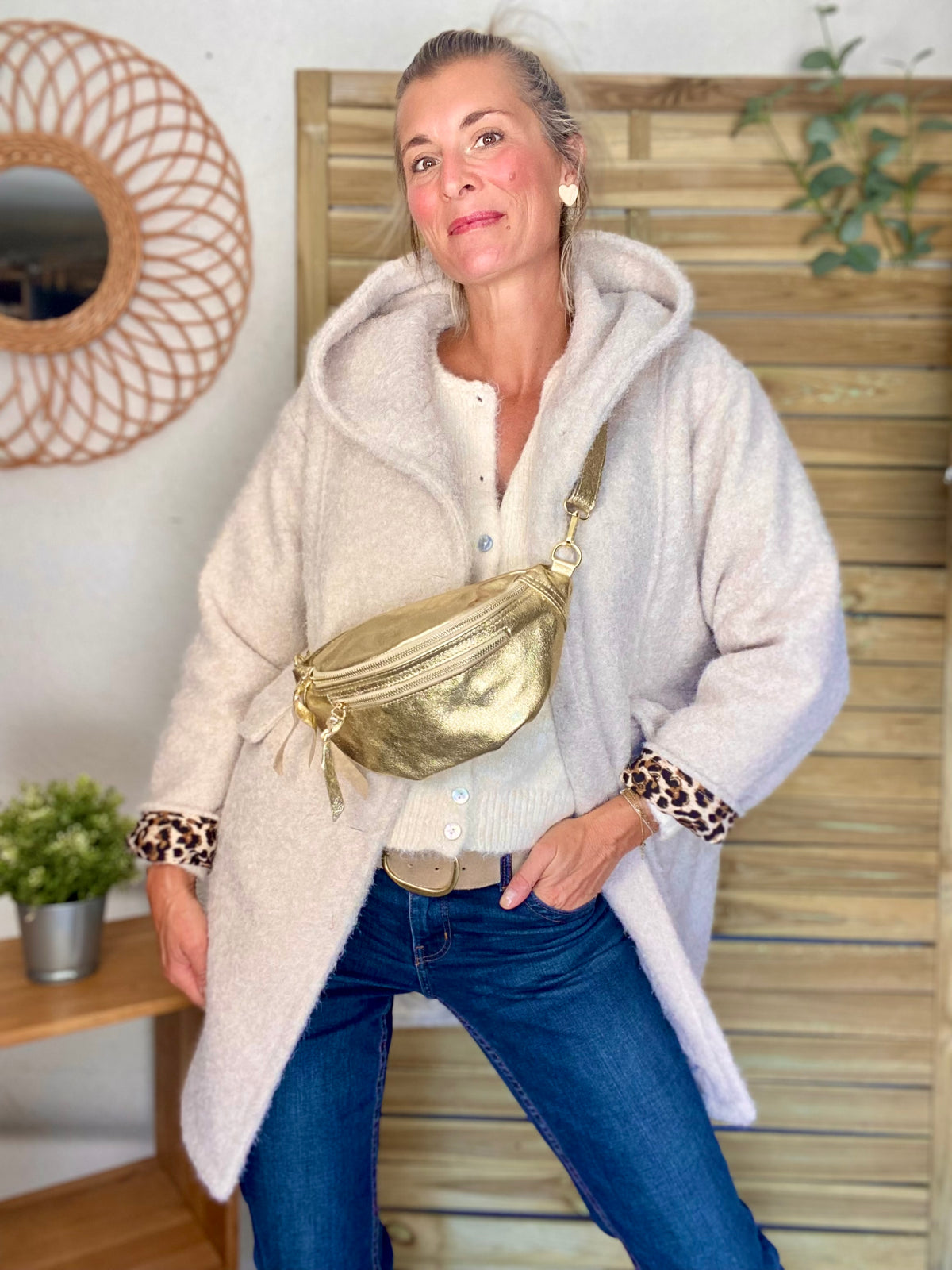 Sac banane en cuir irisé double poche - OPALE - Doré / doré