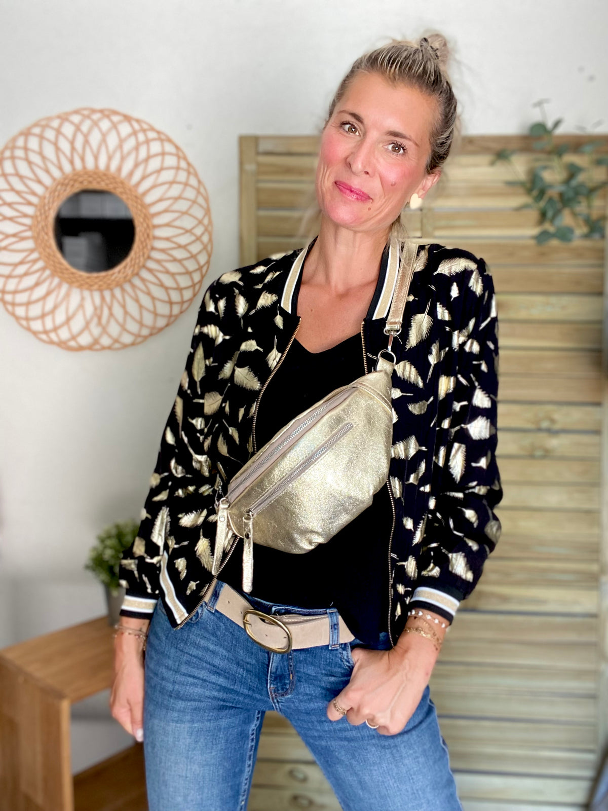Sac banane en cuir irisé double poche - OPALE - Doré / argent