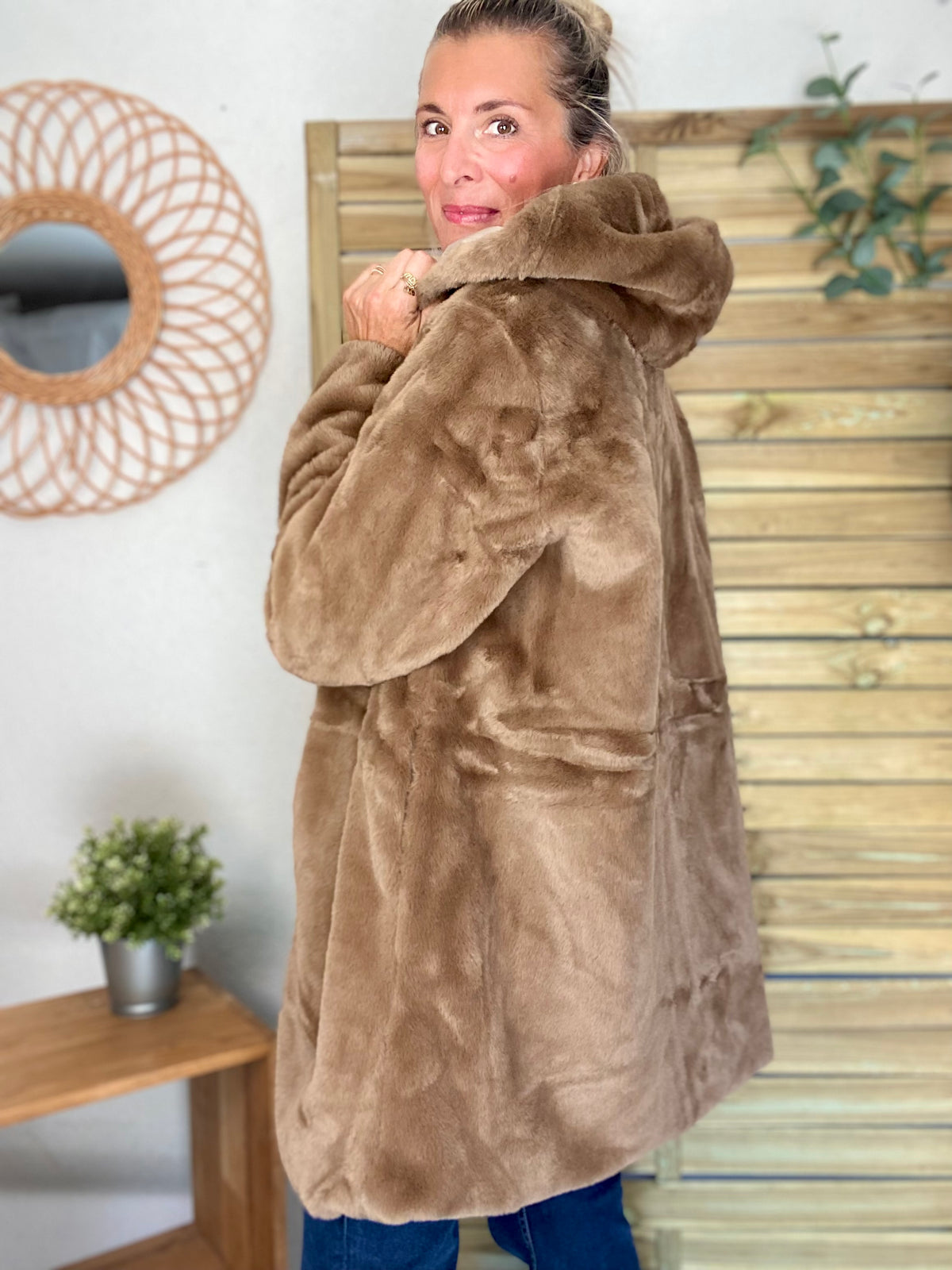 LAURA JO - Parka Imperméable réversible fourrée Sable irisé / Camel ALIX Long