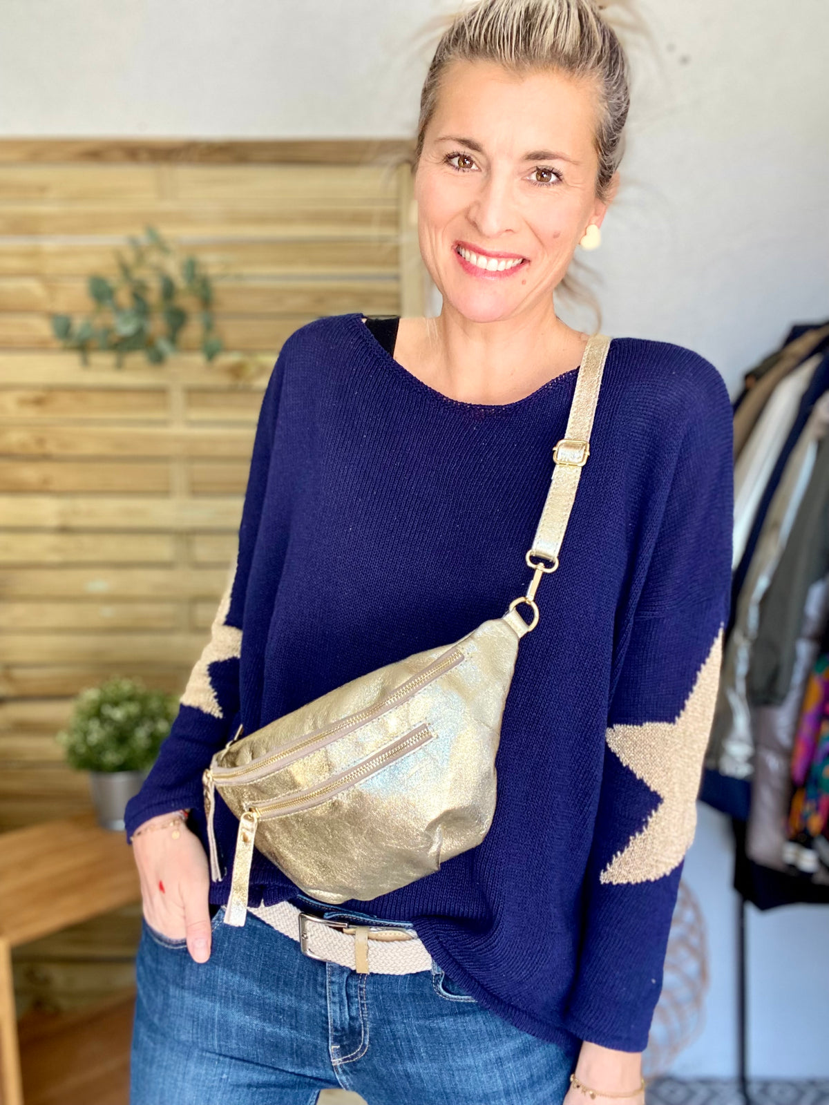 Sac banane en cuir irisé double poche - ERYN fronces - Doré