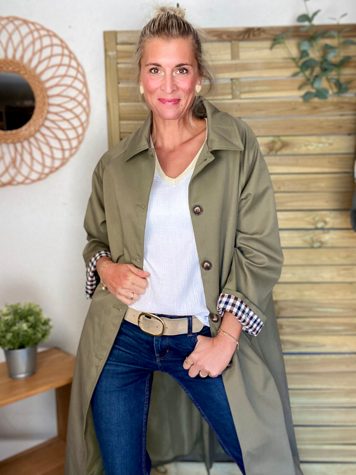Veste Trench en coton, revers carreaux - YSEULT long Kaki
