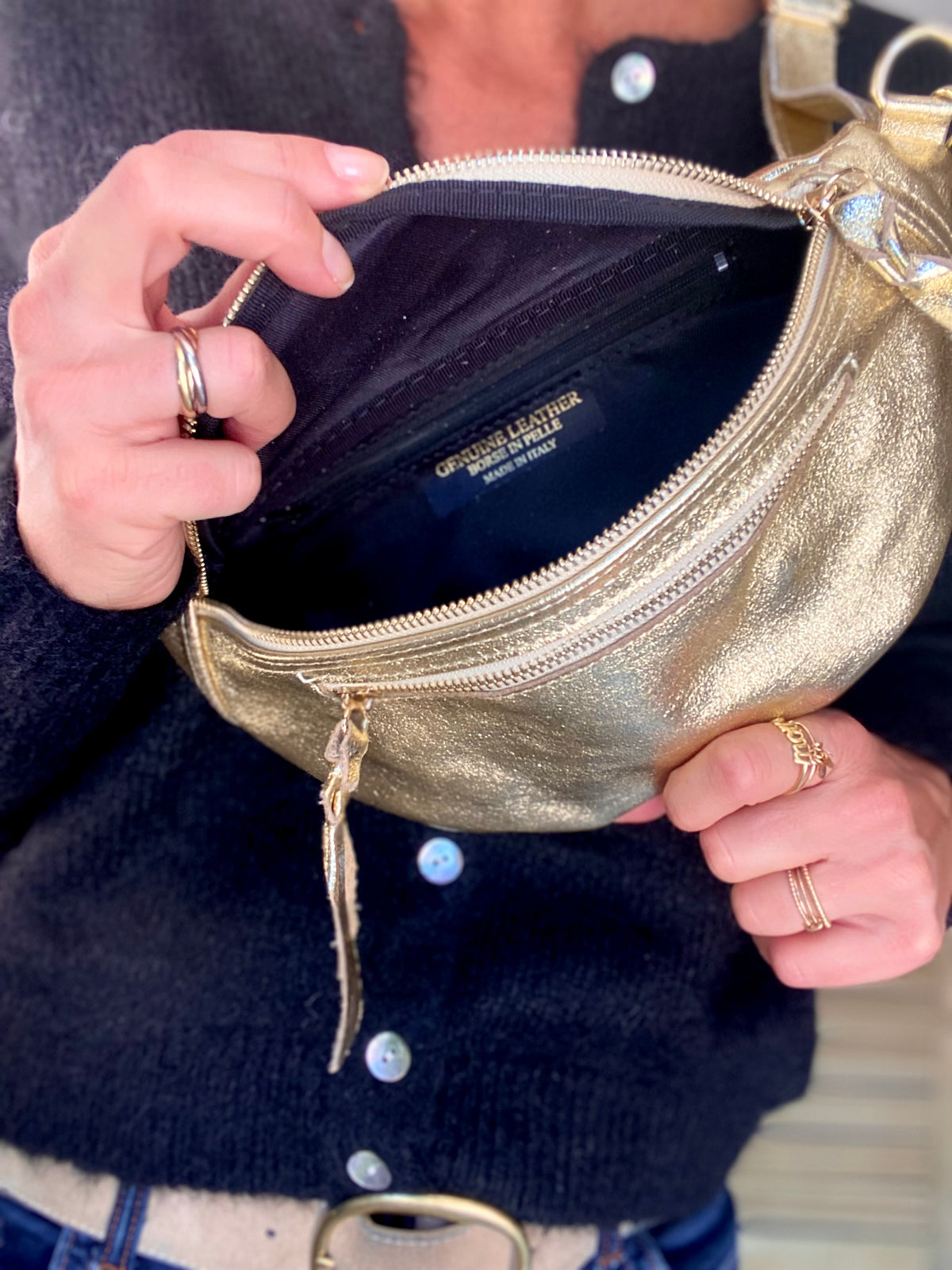 Sac banane en cuir irisé double poche - OPALE - Doré / doré