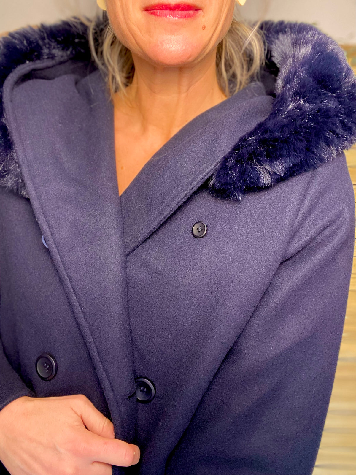 LAURA JO - Manteau caban ESTHER avec capuche et col fausse fourrure amovible - Bleu marine - FIN DE SÉRIE
