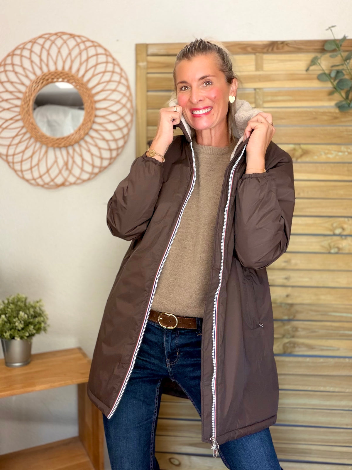 LAURA JO - Parka Imperméable LOUISE LONG Sherpa écru - Chocolat