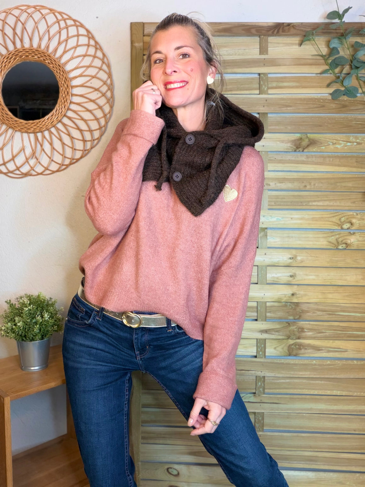 Col cagoule LORIE en maille avec boutons - Chocolat