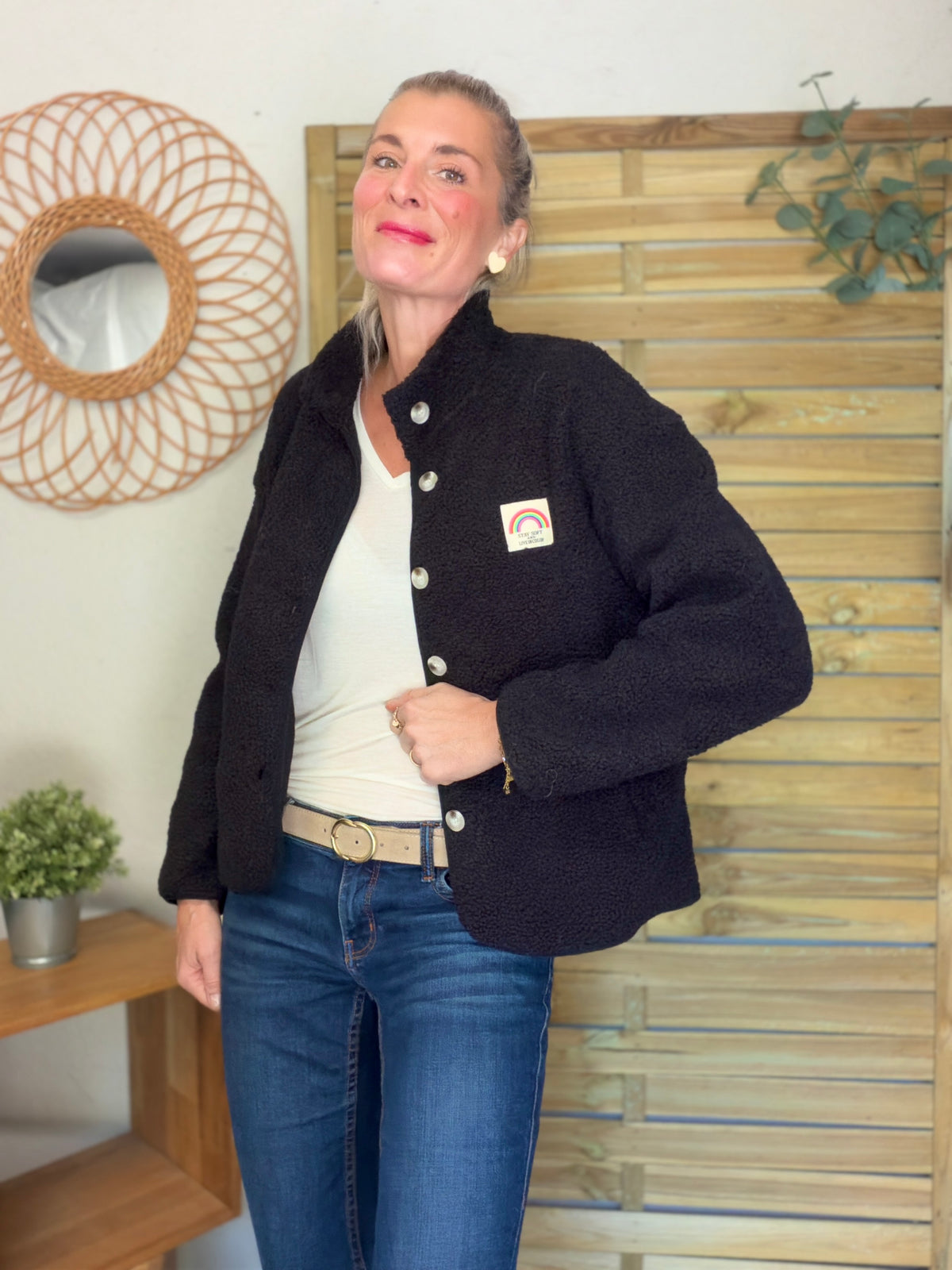 Veste Sherpa boutonnée écusson Arc-en-ciel ÉNORA Noir