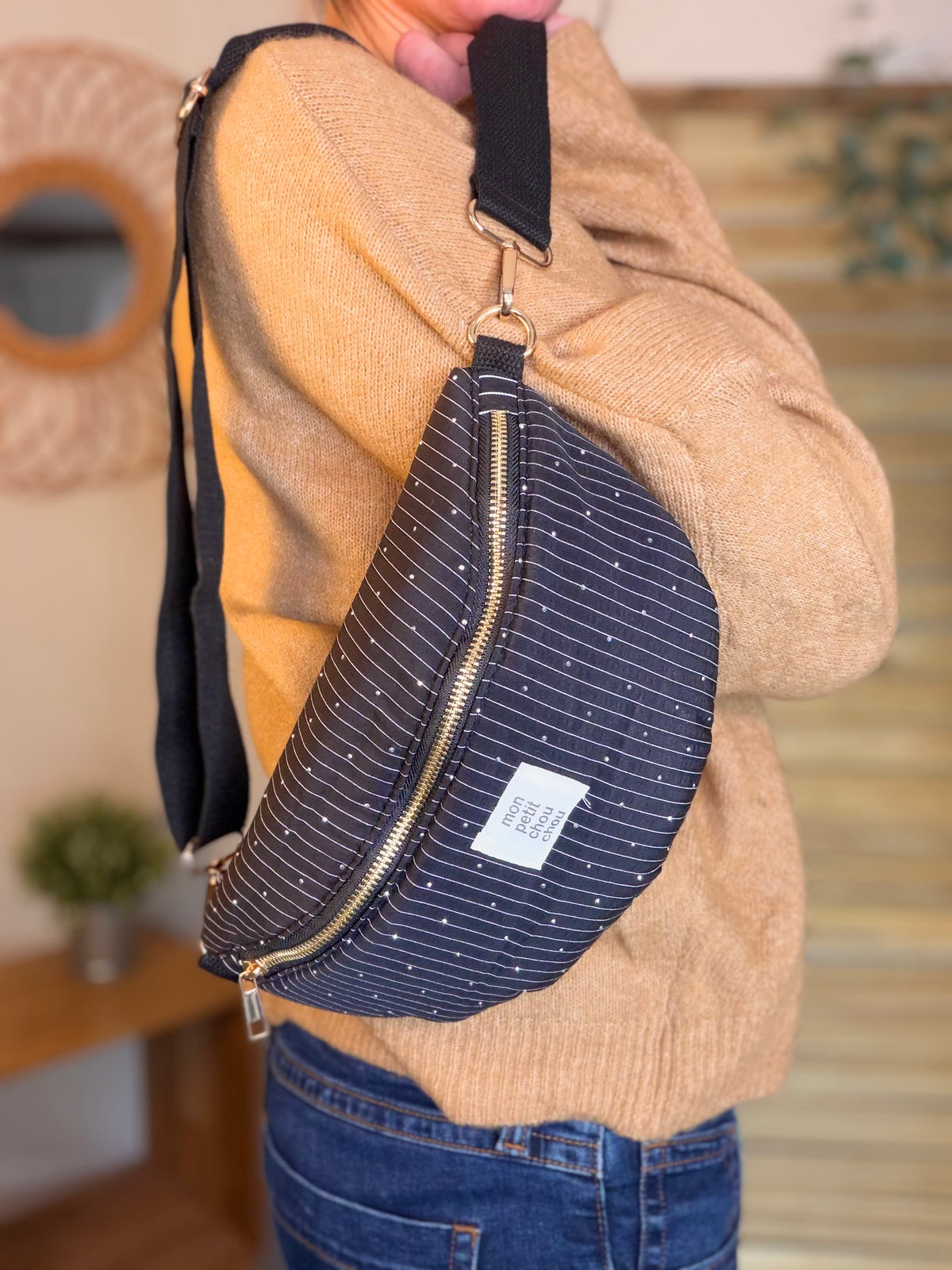 Sac banane avec strass BONNIE - Rayée noir