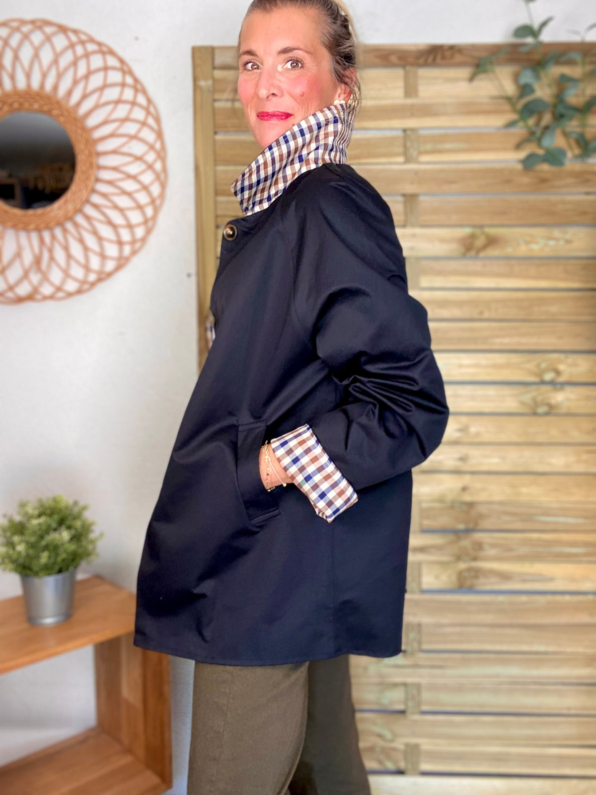 Veste Trench mi long réversible vichy LENA Noir - FIN DE SÉRIE